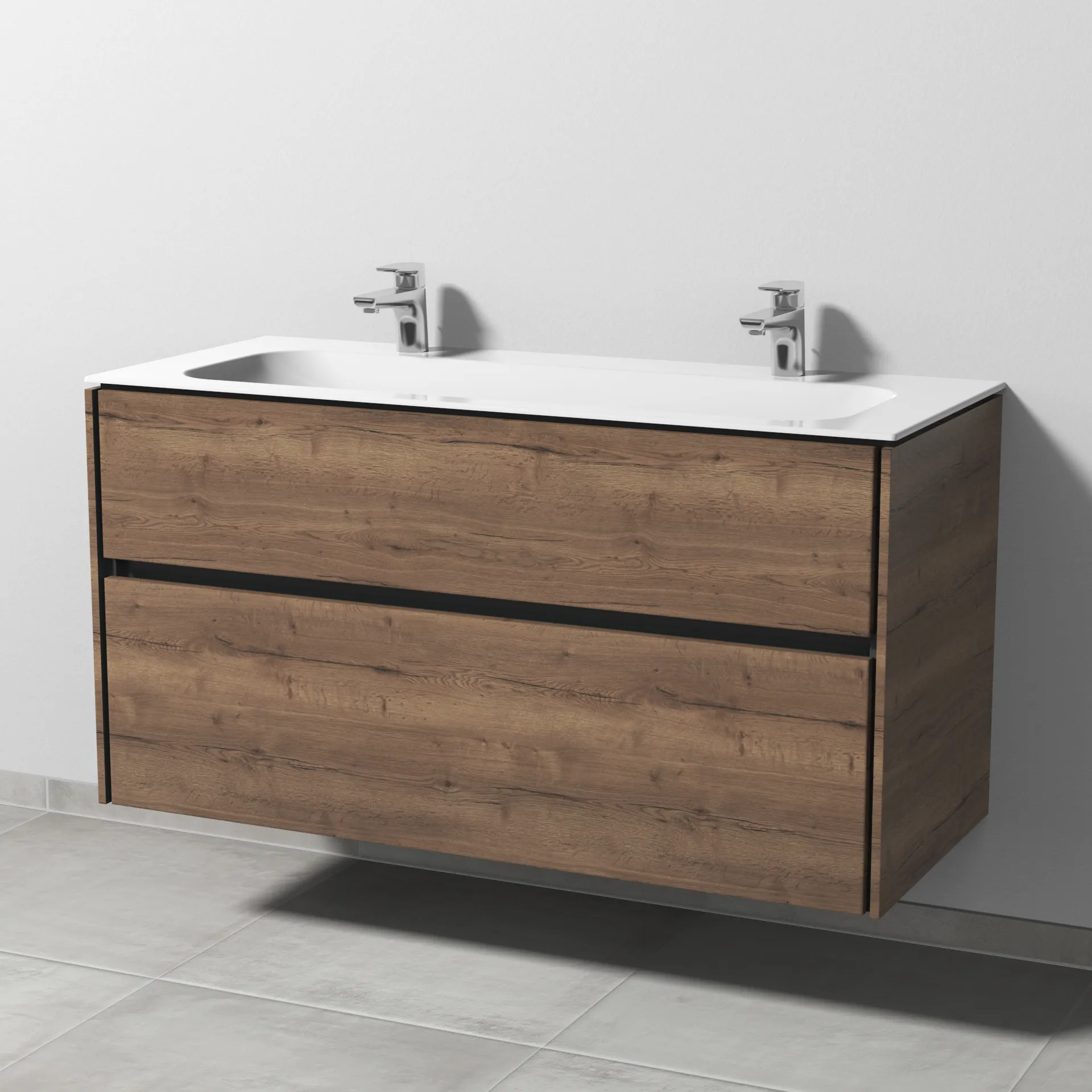 Keramik-Waschtisch-Set mit Waschtischunterschrank „Twiga“ 119 × 50 × 61 cm in Eiche Tabak, ohne Beleuchtung, mit Hahnlochbohrung Keramik-Waschtisch-Set mit Waschtischunterschrank „Twiga“ 119 × 50 × 61 cm in Eiche Tabak, ohne Beleuchtung, mit Hahnlochbohrung