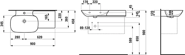 Waschtisch INO 450x900x145 1 Hahnloch mit Überlauf Ablage rechts weiß