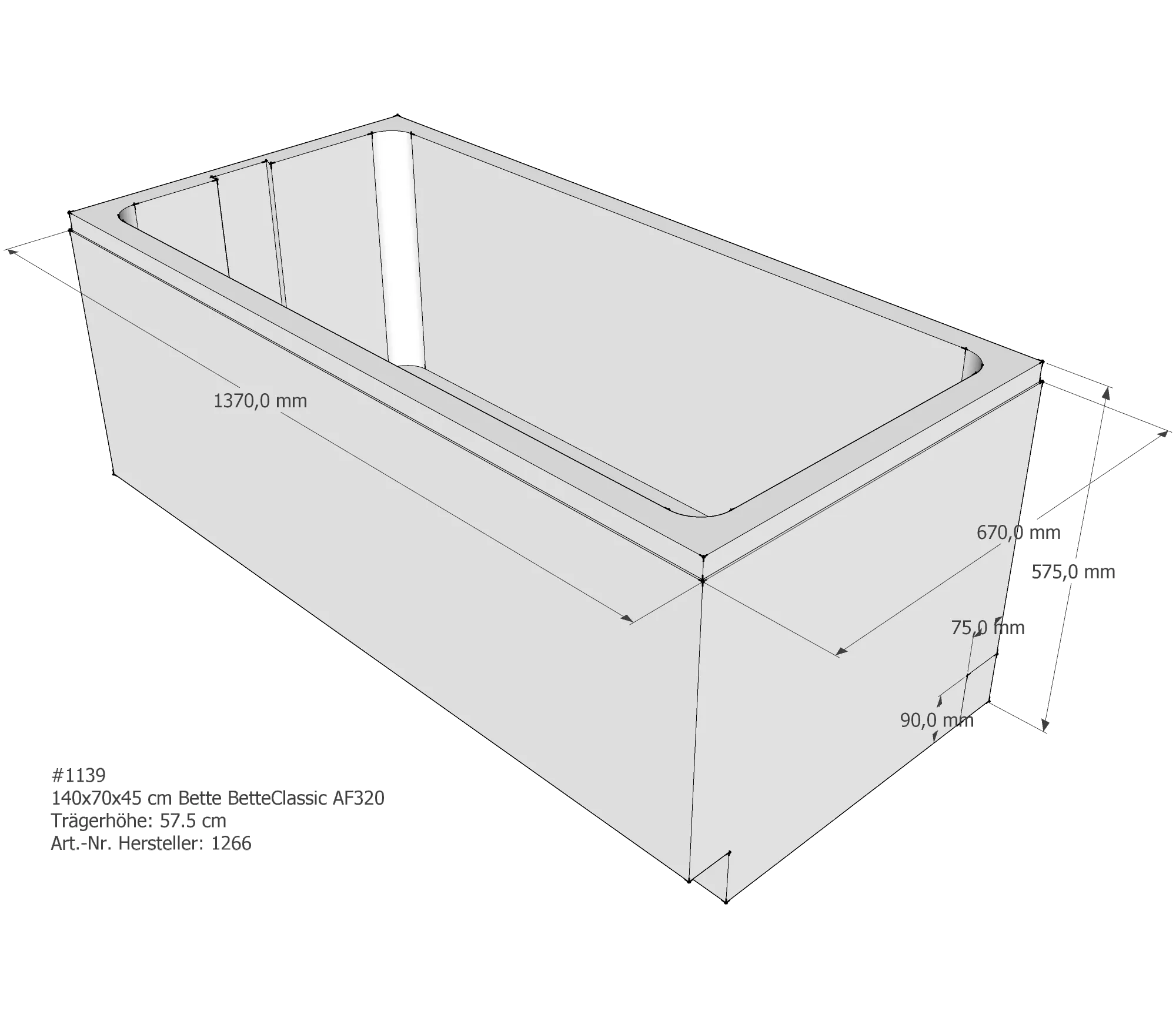 Badewannenträger für Bette Classic 140 × 70 × 45 cm Breite: 70 cm / Länge: 140 cm