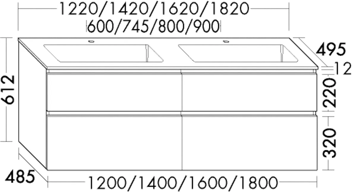 Mineralguss-Waschtisch inkl. Waschtischunterschrank, Mineralguss-Doppelwaschtisch;Beckenmaß 675x295 mm;Muldentiefe: 100 mm;Waschtischunterschrank;2 Schubladen oben, 350 mm tief, mit Siphonausschnitt und Inneneinteilung;2 Auszüge unten, 350 mm tief;inkl.