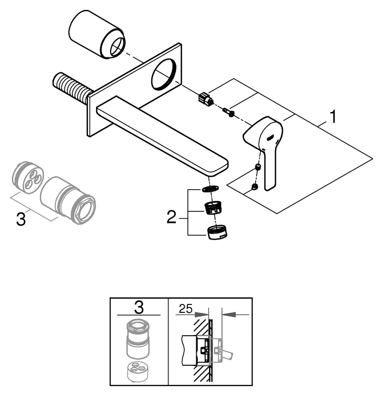 2-Loch-Waschtischbatterie Lineare 23444_1, Wandmontage, Fertigmontageset für 23571, Ausladung 207 mm, chrom