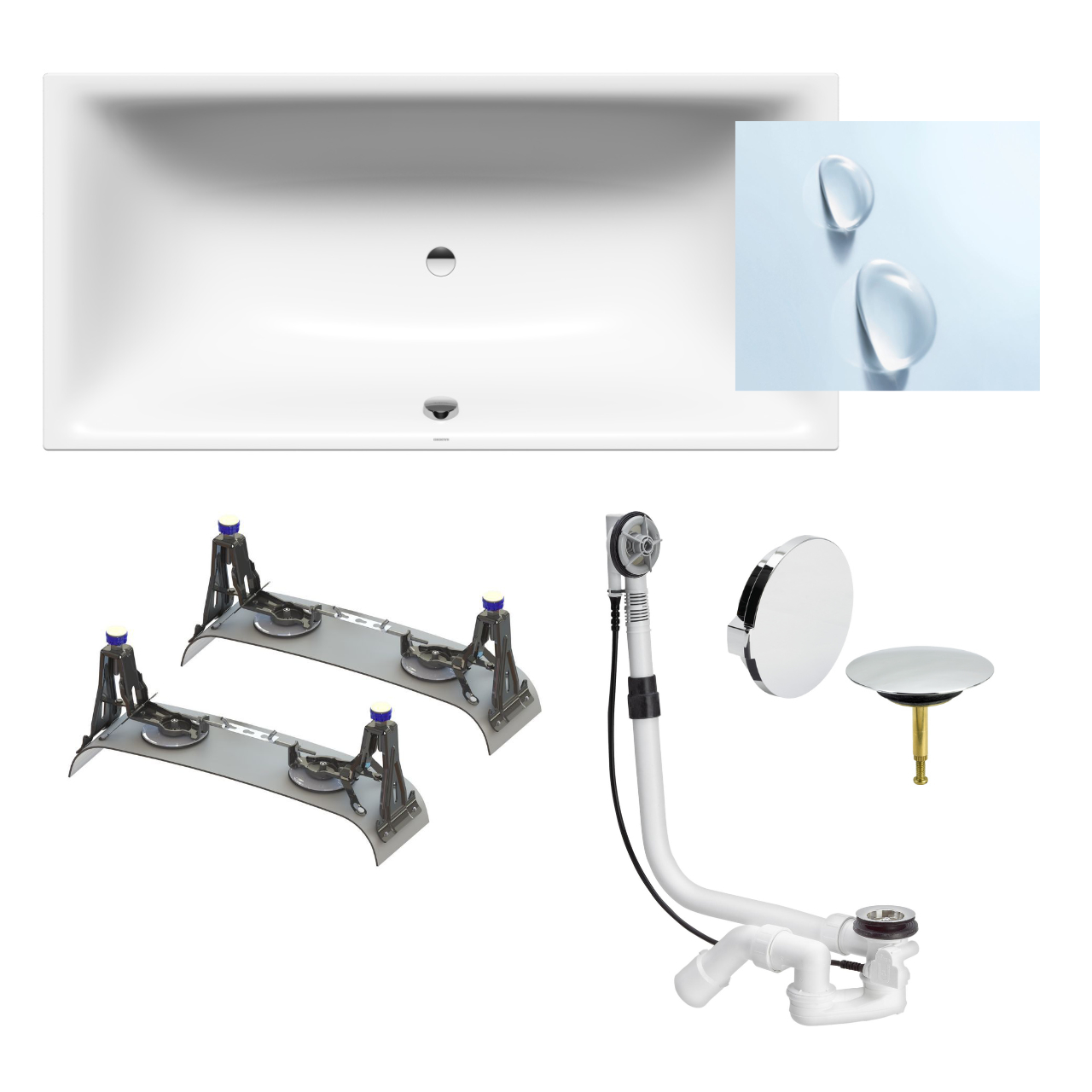 Set Badewanne Silenio 170 × 75 cm mit Perleffekt und Fußgestell inkl. Viega-Ablauf, ,, ,