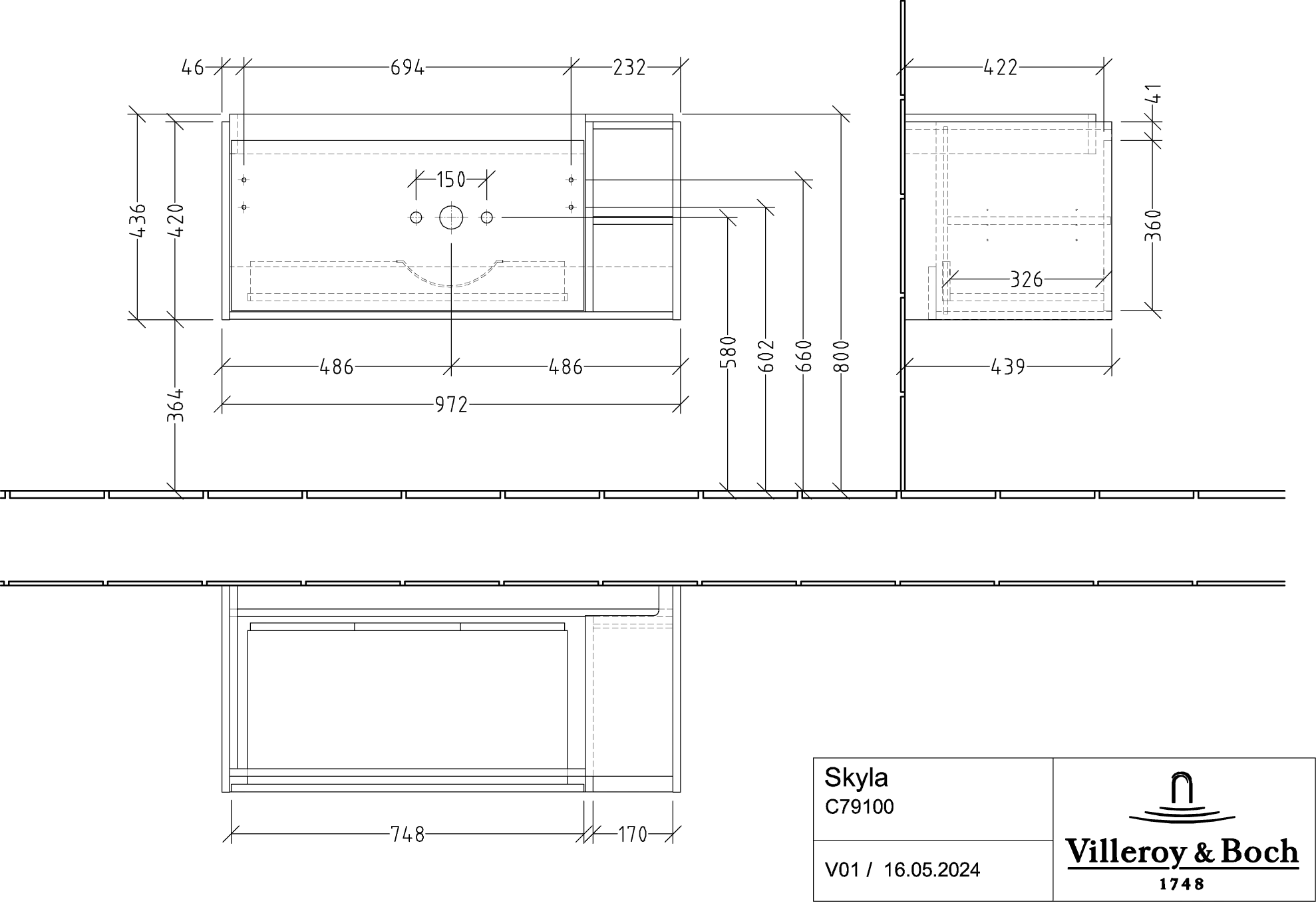 Villeroy & Boch Waschtischunterschrank „Skyla“ 972 × 436 × 439 mm Volcano Black