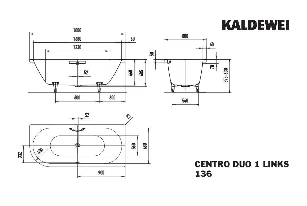 Kaldewei CENTRO DUO 1 LINKS Badewanne, oval, 1800 x 800 mm, alpinweiß, Sonderüberlauf