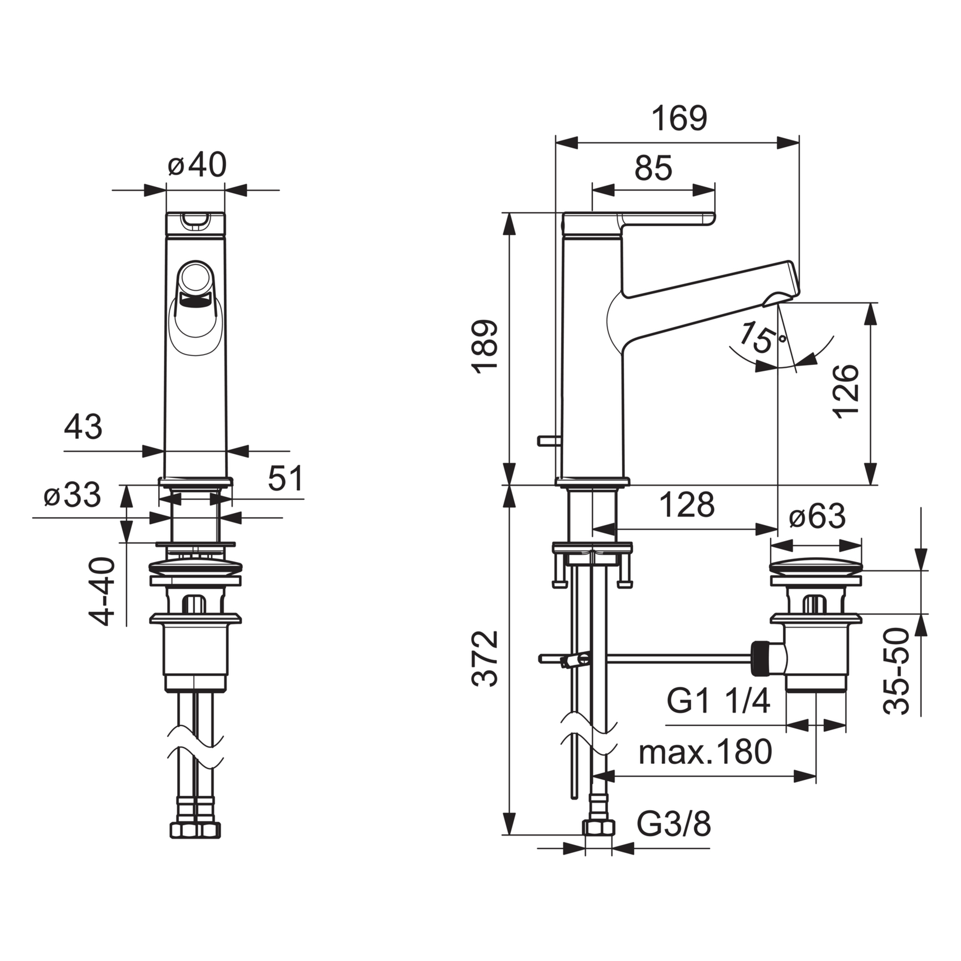 HA Einhebelmischer Waschtischbatterie HANSADESIGNO Style 5183 Zugstangenablaufgarnitur Ausladung 128 mm DN15 Chrom