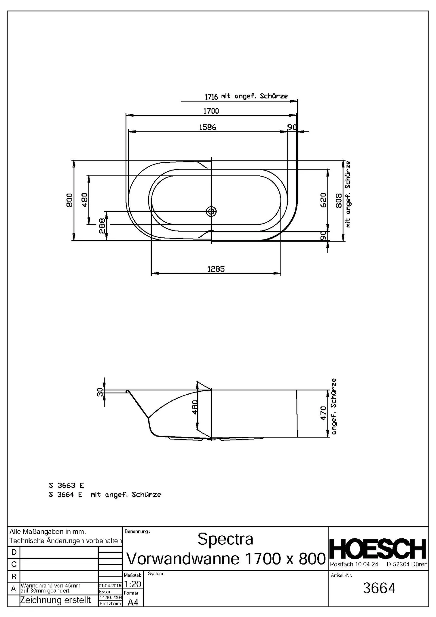 Hoesch Badewanne „Spectra“ vorwand halbkreis 171,6 × 80,8 cm, mit Schürze in Weiß