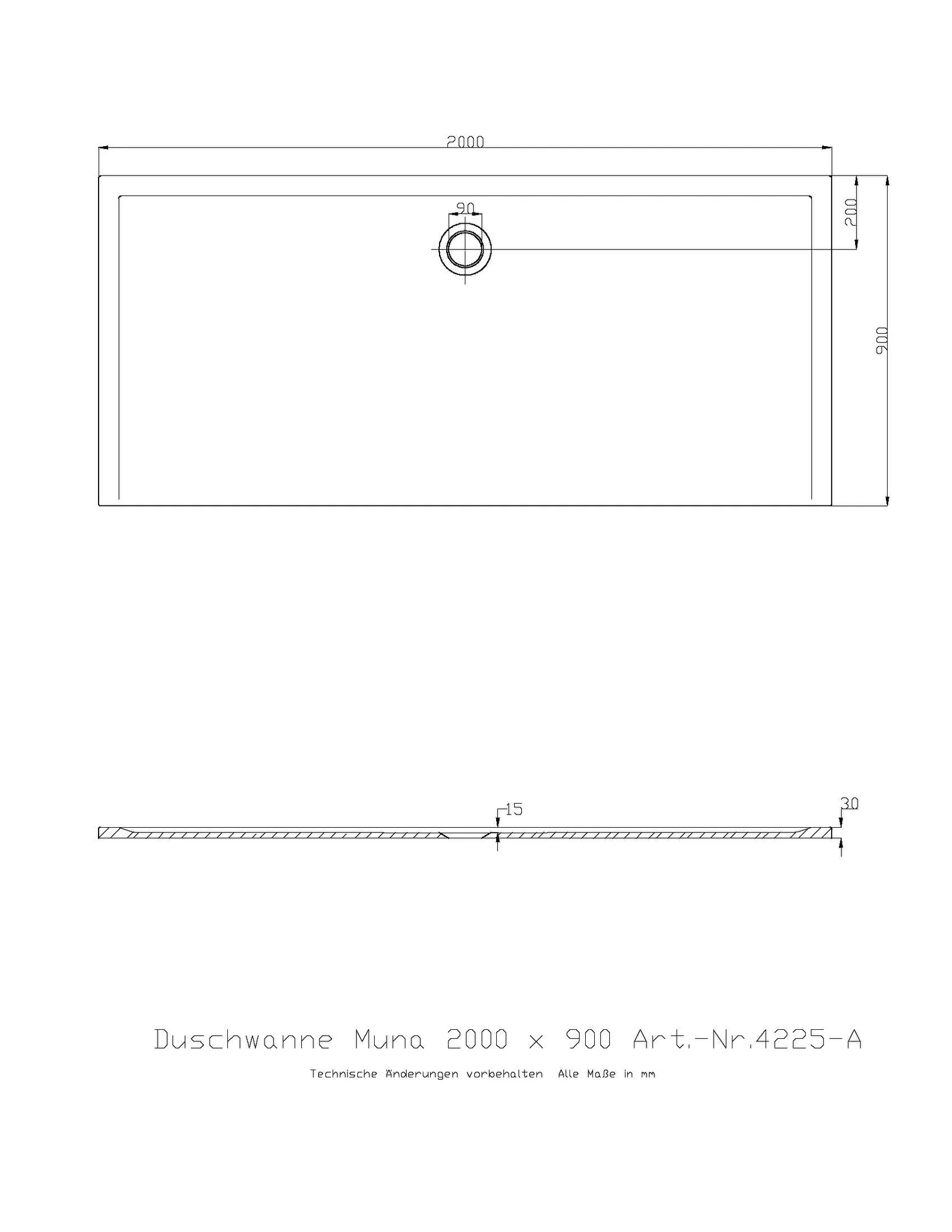 Duschwanne „Muna“ Rechteck 200 × 90 cm in Schiefergrau