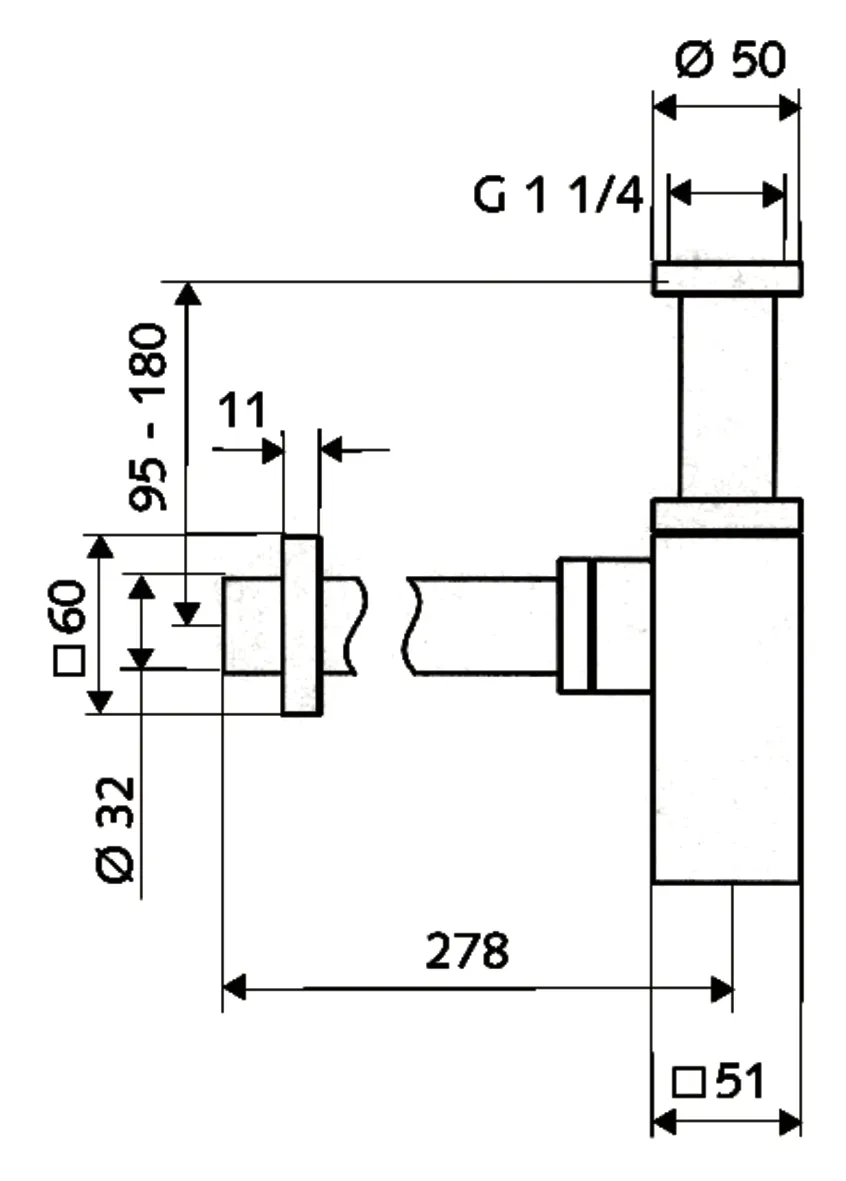 Design-Siphon QUAD, Messingrosette mit Gleitring, G 1 1/4 IG, Ø 32 mm, chrom