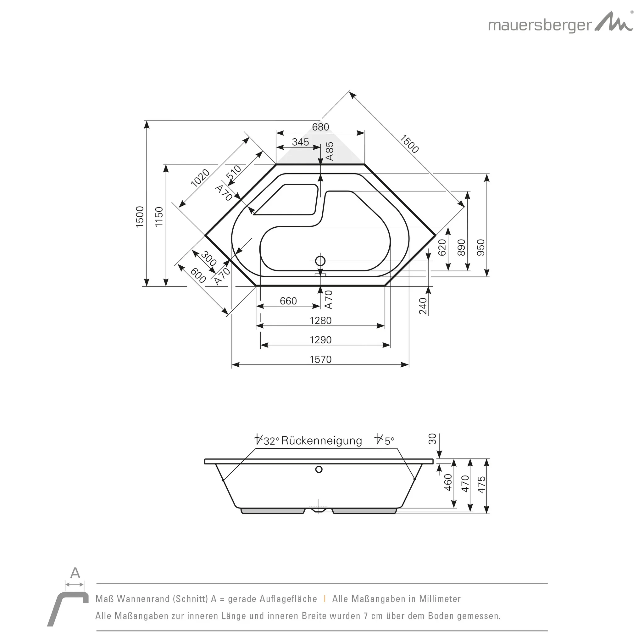 Mauersberger Acryl-Badewanne fascia 150⁄150 1500x1500x475, Farbgruppe: 3