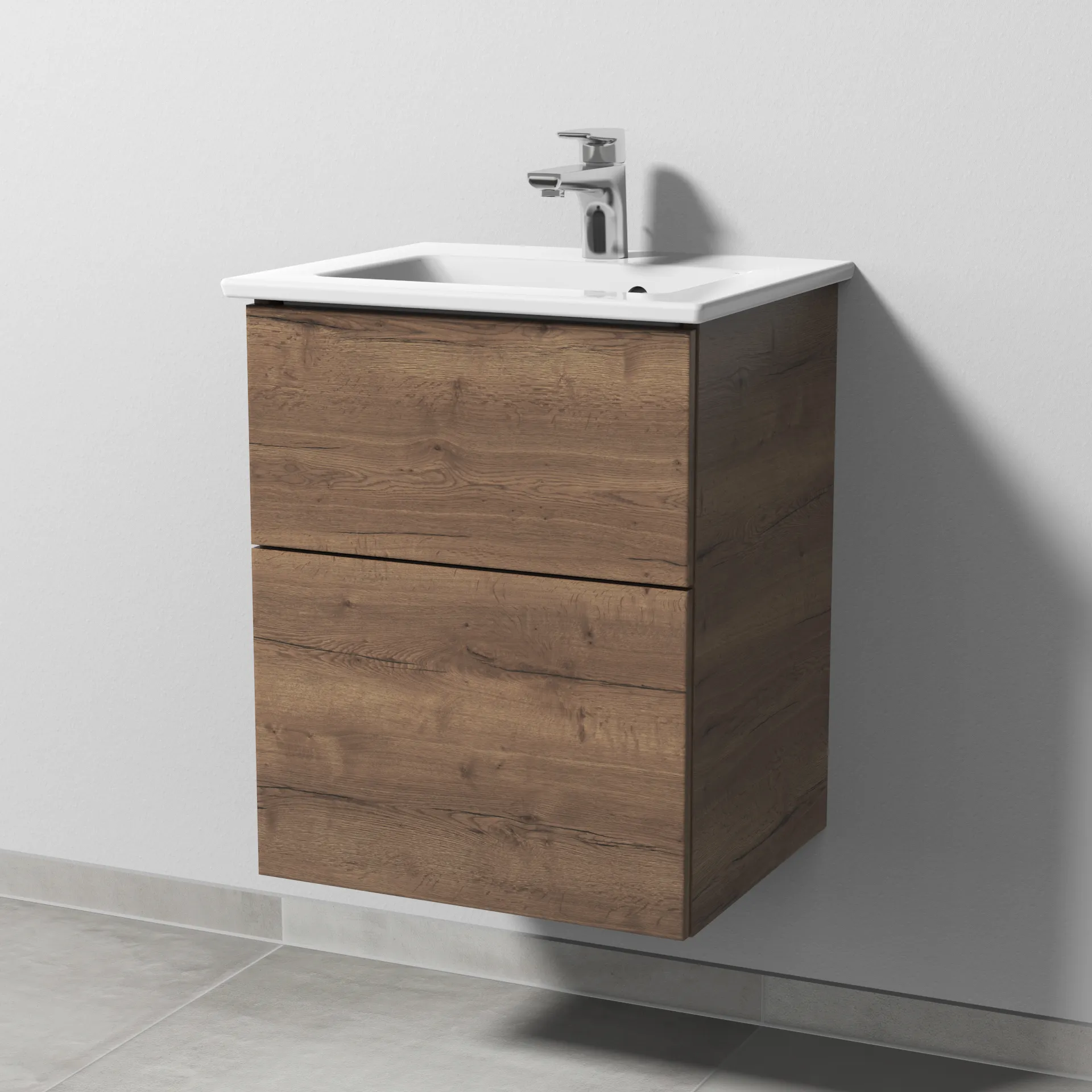 Keramik-Waschtisch-Set mit Waschtischunterschrank „3way“ 46,5 × 40,1 × 59,1 cm in Eiche Tabak, mit Hahnlochbohrung, Becken mittig