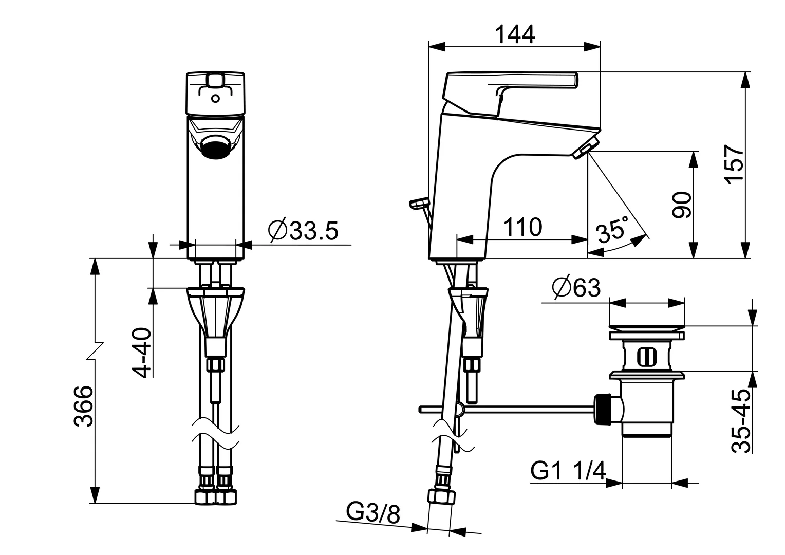 HA Einhebelmischer Waschtischbatterie HANSAPALENO XL 5641 Ablaufgarnitur mit Zugstange Ausladung 110 mm DN15 Chrom