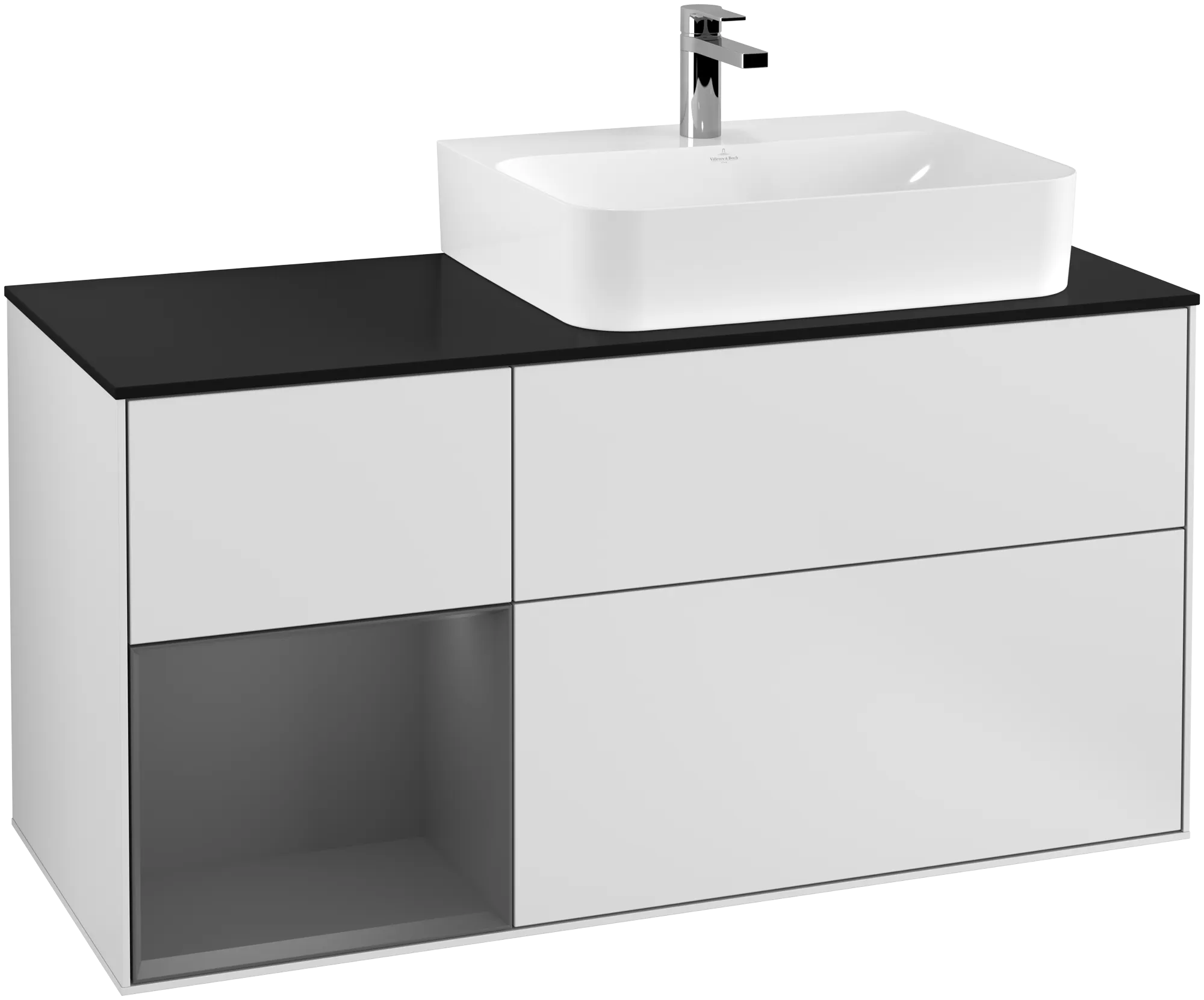 Villeroy & Boch Finion Waschbeckenunterschrank G14, 1200x603x501mm, mit Beleuchtung, 3 Auszüge, White Matt Lacquer / Anthracite Matt Lacquer / Glass