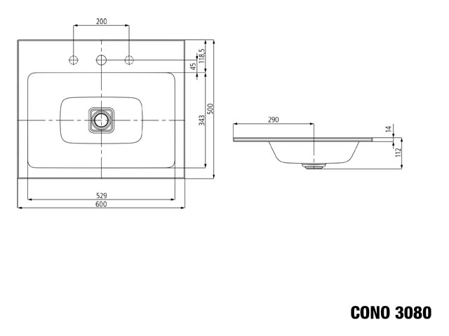 Einbauwaschtisch „Cono“ 60 × 50 cm, mit Hahnlochbohrung, ohne Überlauf, mittig in alpinweiß mit Perl-Effekt
