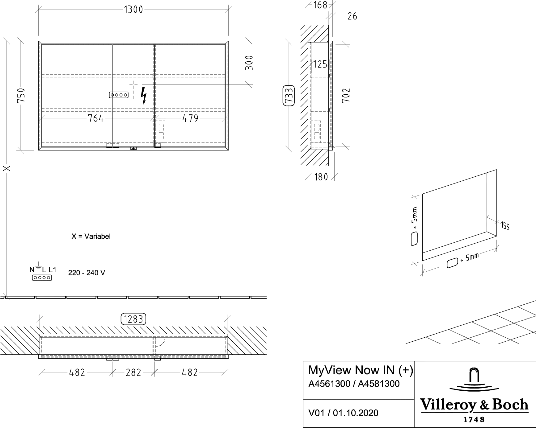 Villeroy & Boch Einbau-Spiegelschrank „My View+“ 1300 × 750 × 168 mm in Nordic Oak