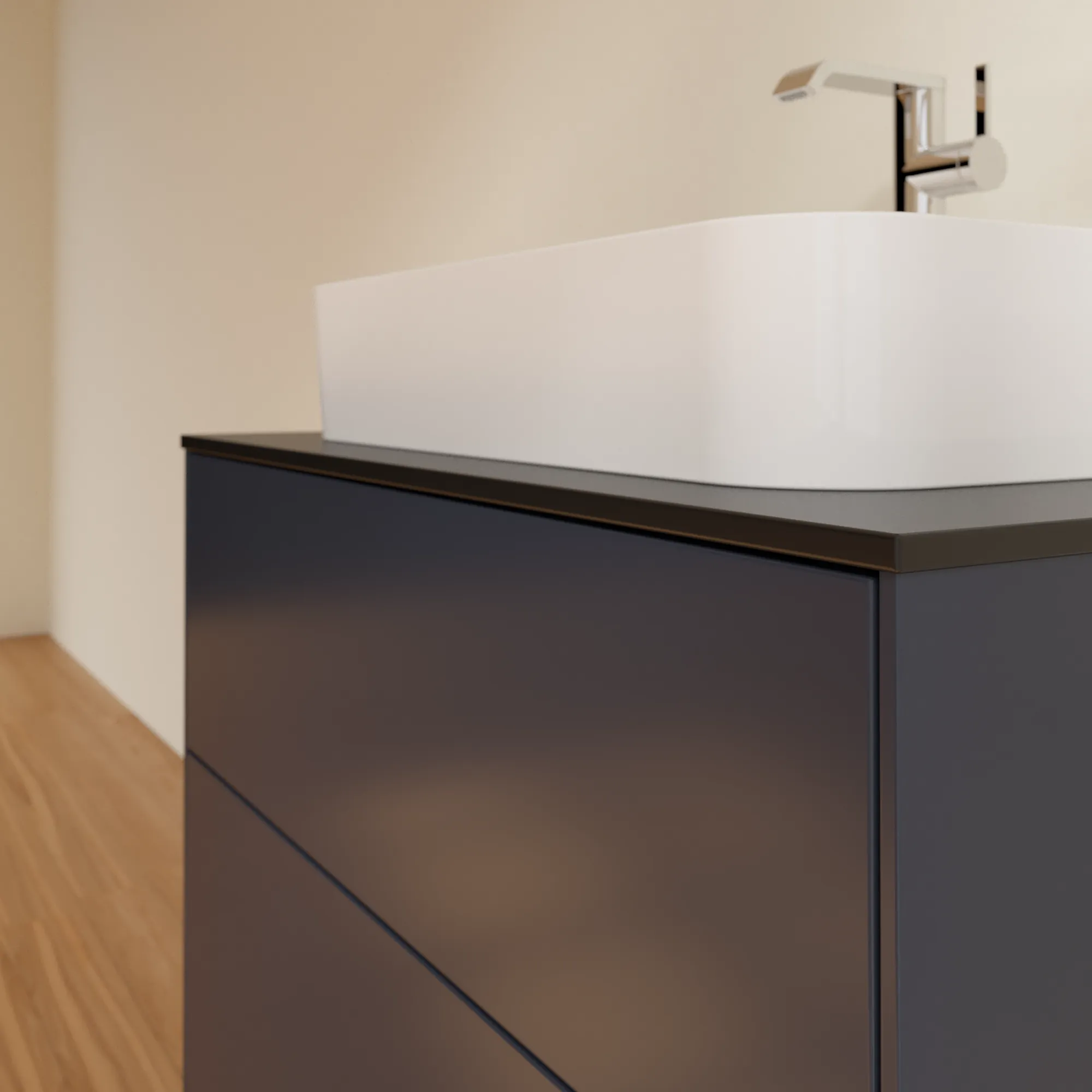Villeroy & Boch Finion Waschbeckenunterschrank F34, 800 x 603 x 501 mm, Midnight Blue Matt Lacquer / Glass Black Matt