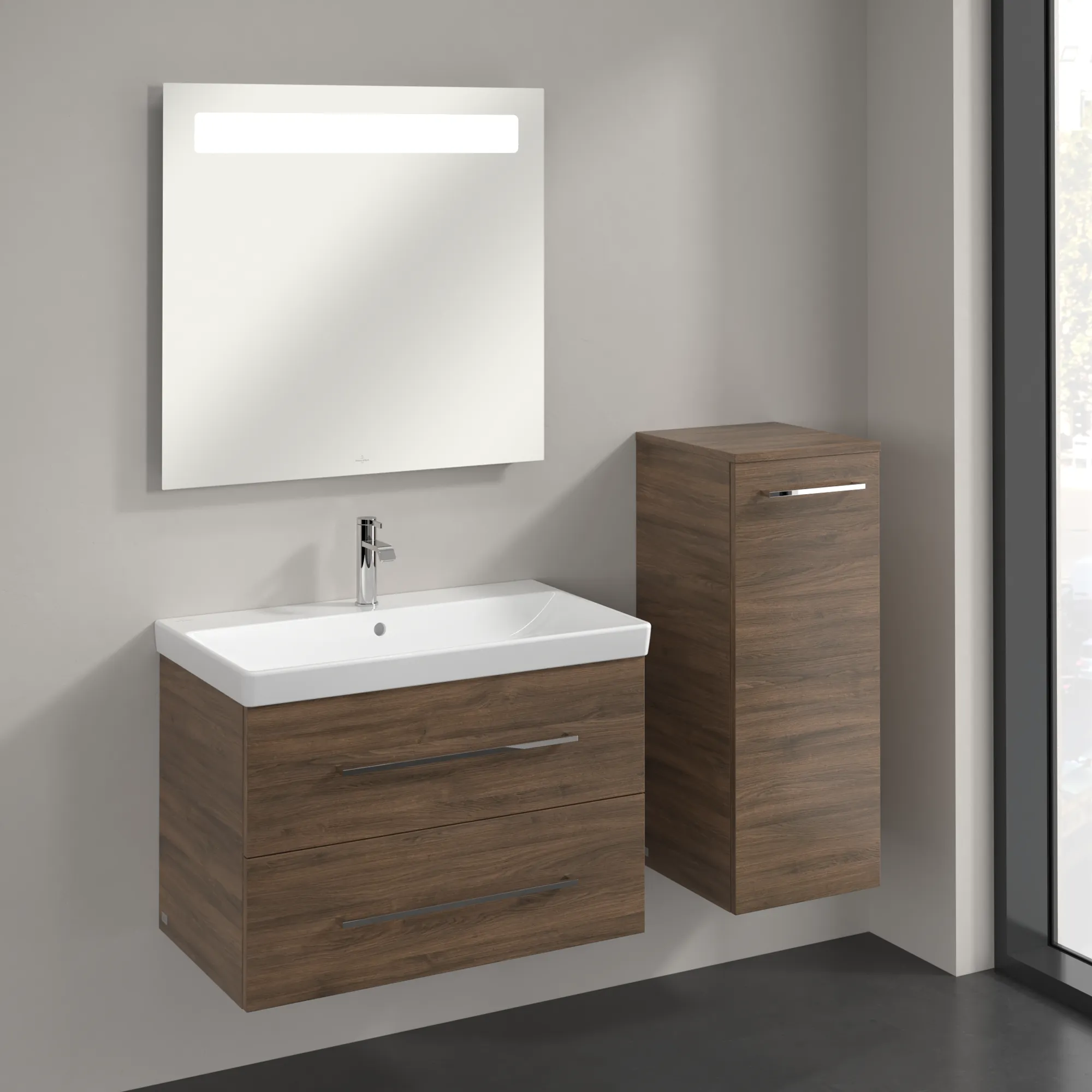 Villeroy & Boch Seitenschrank „Avento“ 35 × 89 × 37,3 × 37,3 cm Arizona Oak, Anschlag rechts, Soft Closing, 1 Tür