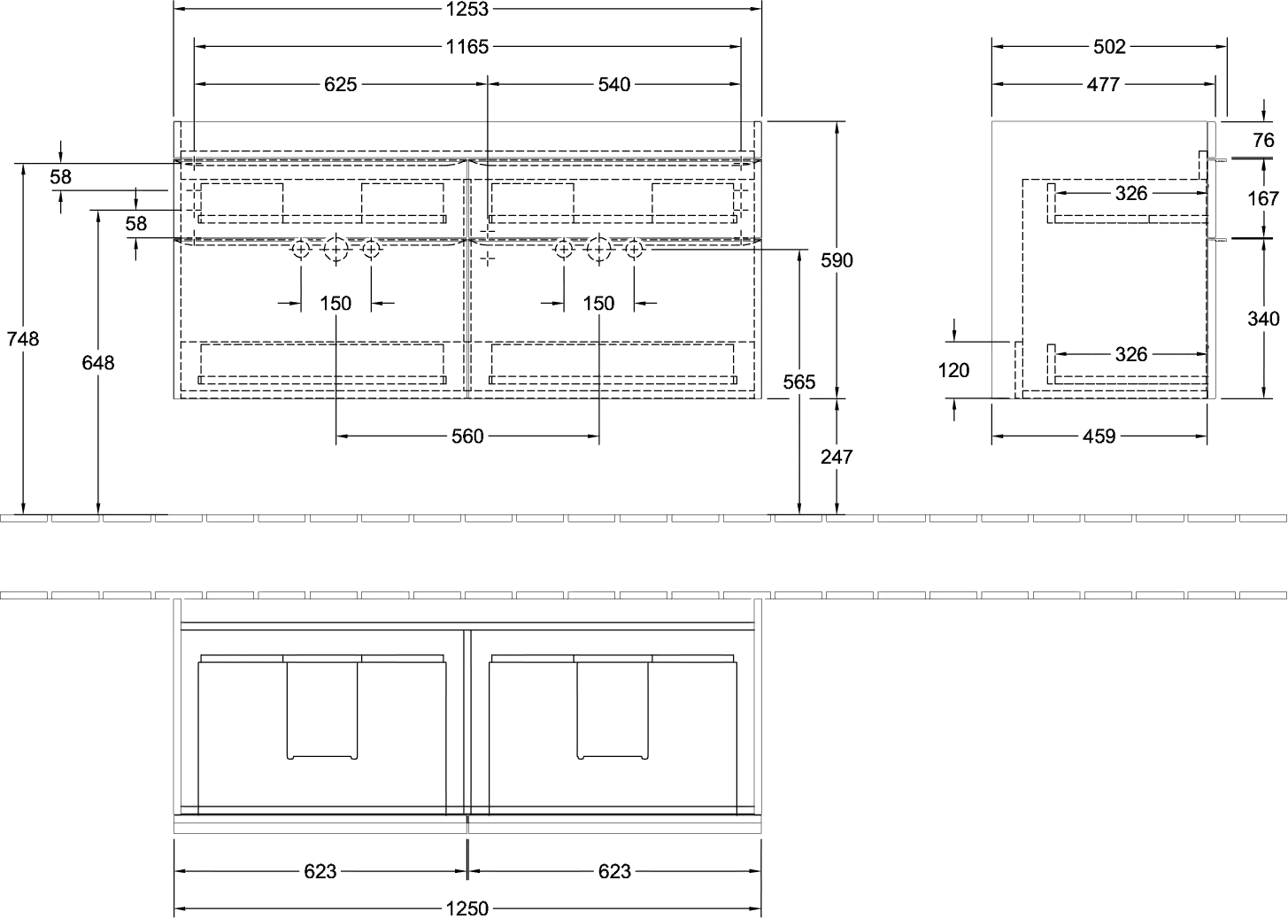 Villeroy & Boch Waschtischunterschrank „Venticello“ für Schrank-Doppelwaschtisch 125,3 × 59 × 50,2 × 50,2 cm Weiß Matt, mittig