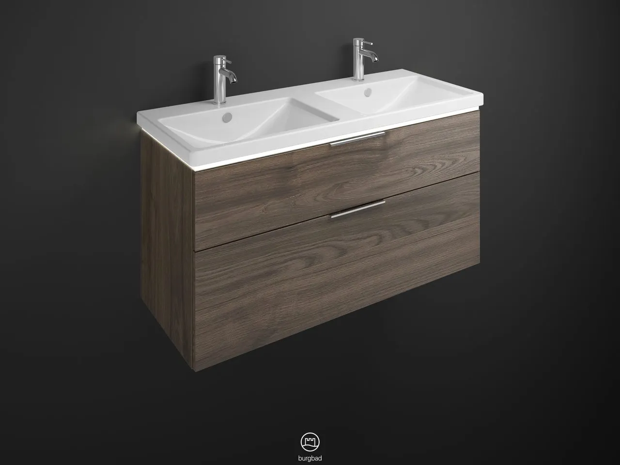 burgbad Badmöbelset Keramik-Waschtisch inkl. Waschtischunterschrank „Eqio“ 123 × 66,5 × 49 cm Griff, Schwarz Matt (230 mm), in Eiche Dekor Caramel burgbad Badmöbelset Keramik-Waschtisch inkl. Waschtischunterschrank „Eqio“ 123 × 66,5 × 49 cm Griff, Schwarz Matt (230 mm), in Eiche Dekor Caramel