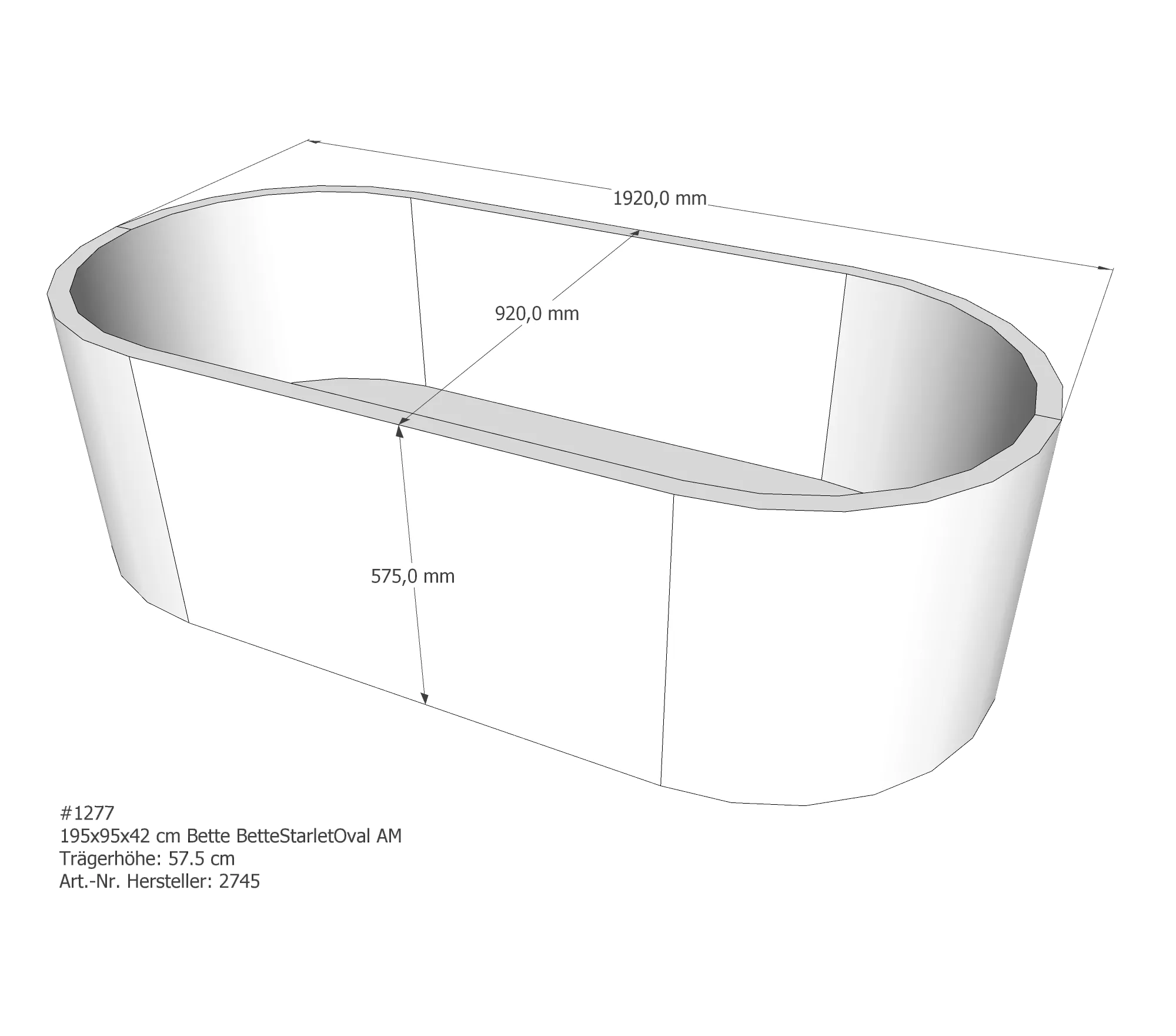 Badewannenträger für Bette StarletOval 195 × 95 × 42 cm