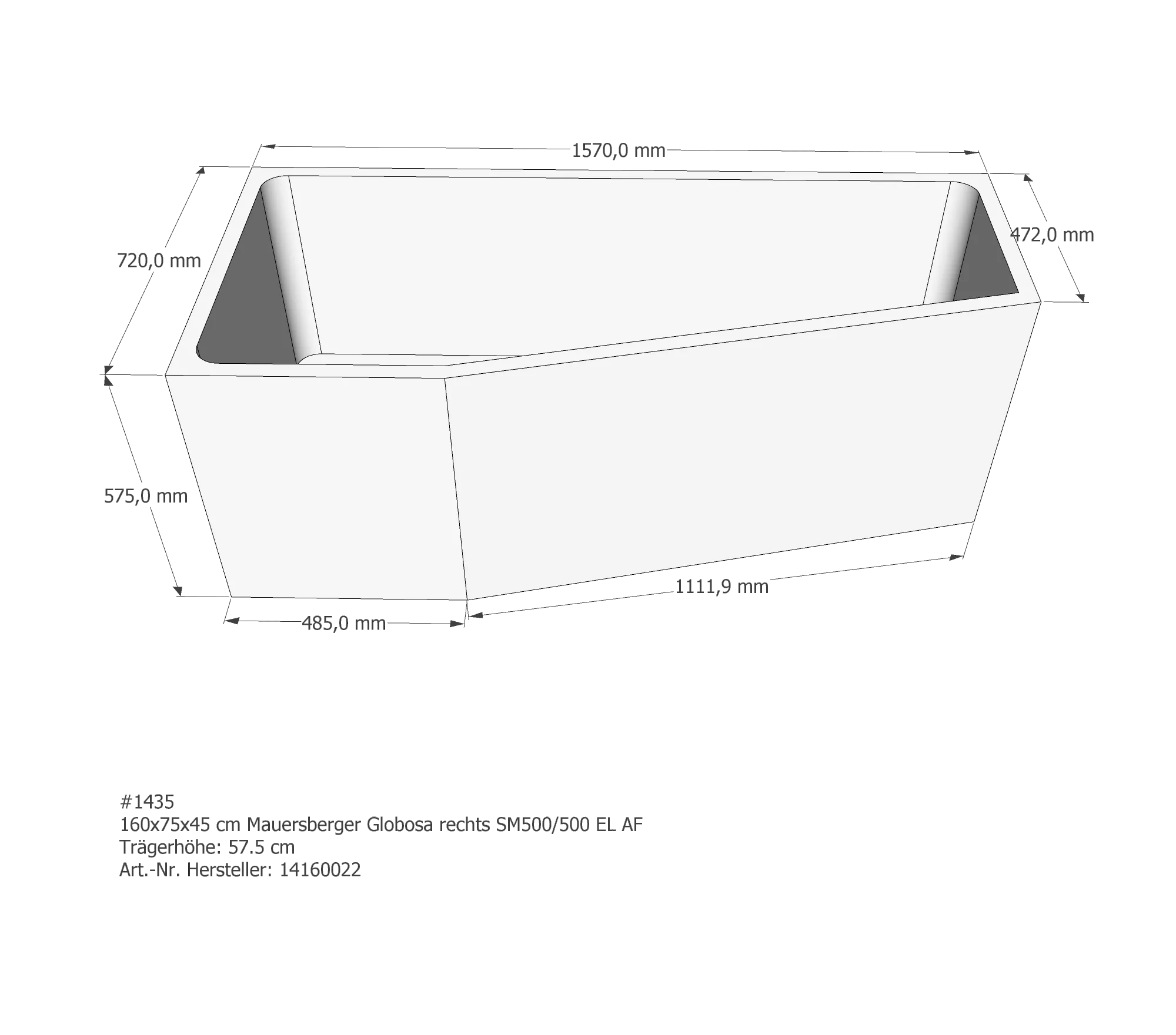 Badewannenträger für Mauersberger Globosa 160/75 rechts rechts 160 × 75 × 45 cm