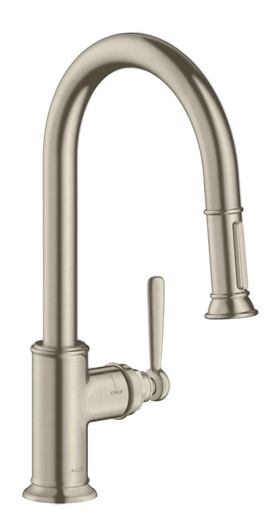 Hansgrohe AXOR Montreux Einhebel-Küchenmischer Brushed Nickel mit Ausziehbrause, ComfortZone 180, Schwenkbereich 110° oder 150°, Laminarstrahl, MagFit-Brausehalterung, Quick-Connect-Schlauch, max. Durchfluss 9 l/min, Keramikmischsystem, Temperaturbegrenz
