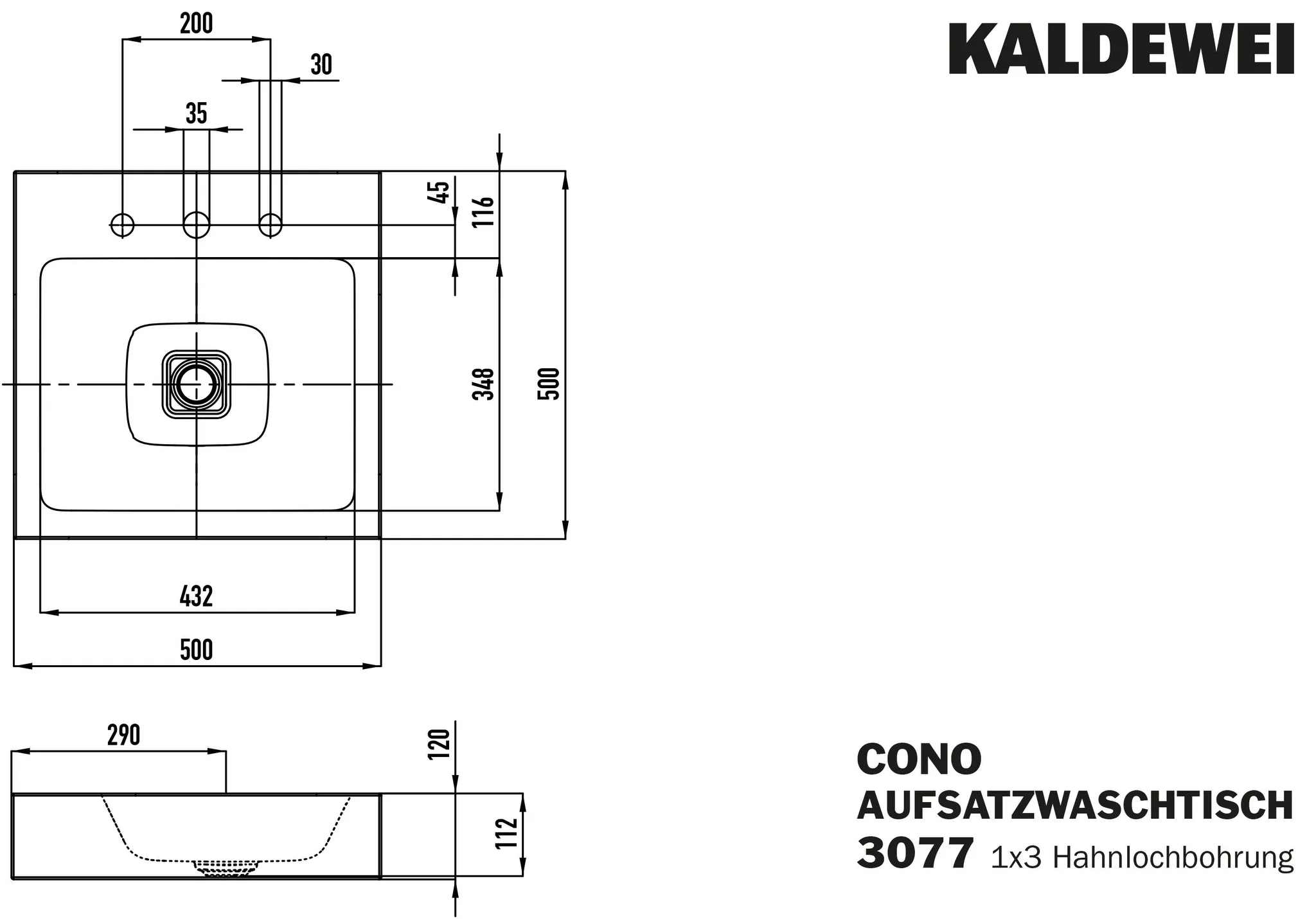 KALDEWEI CONO AUFSATZWASCHTISCH (RANDHÖHE 120 MM) Mod.3077, 500x500mm KALDEWEI CONO AUFSATZWASCHTISCH (RANDHÖHE 120 MM) Mod.3077, 500x500mm