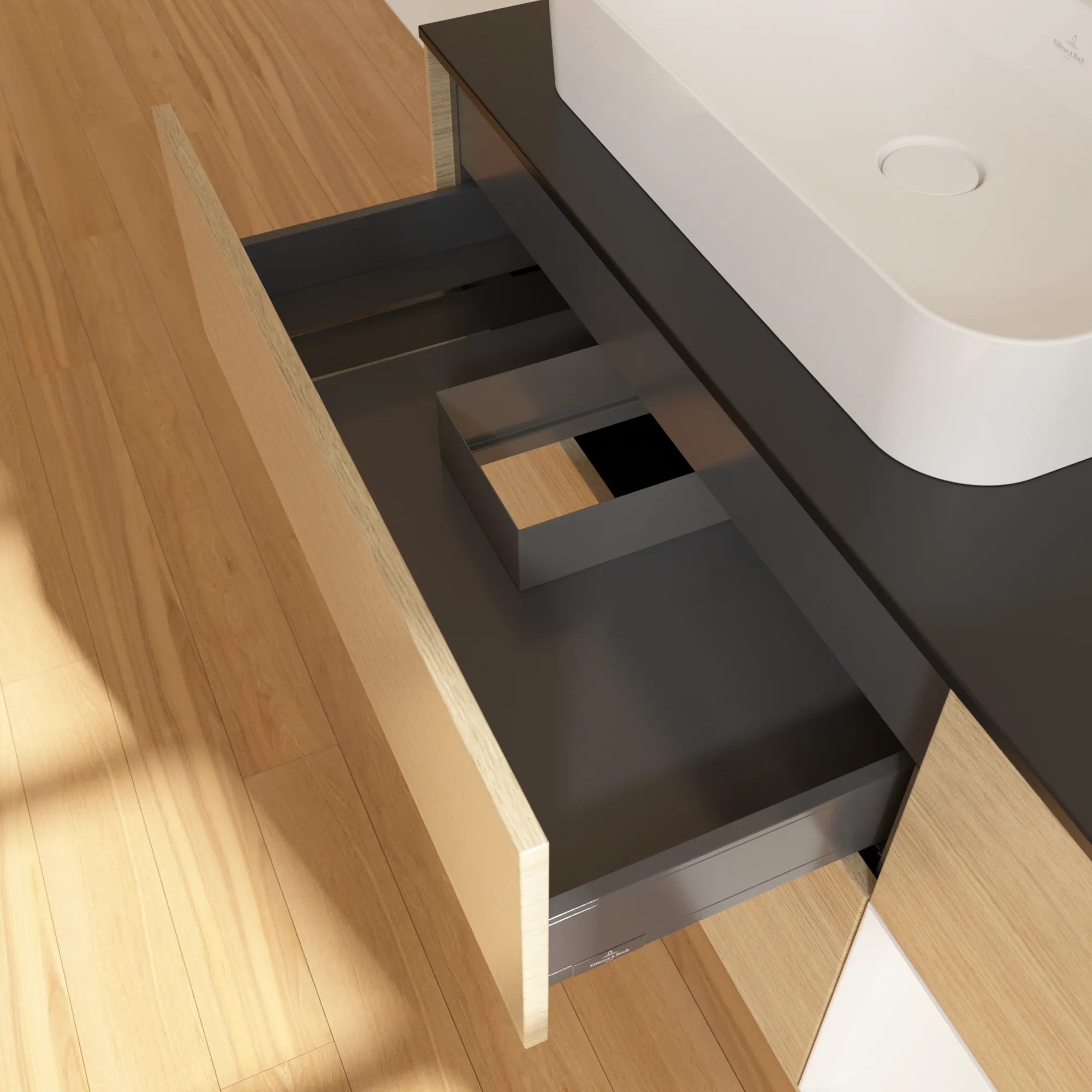 Villeroy & Boch Waschtischunterschrank „Finion“ für Schrankwaschtisch 1200 × 603 × 501 mm Oak Veneer, für Becken links Villeroy & Boch Waschtischunterschrank „Finion“ für Schrankwaschtisch 1200 × 603 × 501 mm Oak Veneer, für Becken links