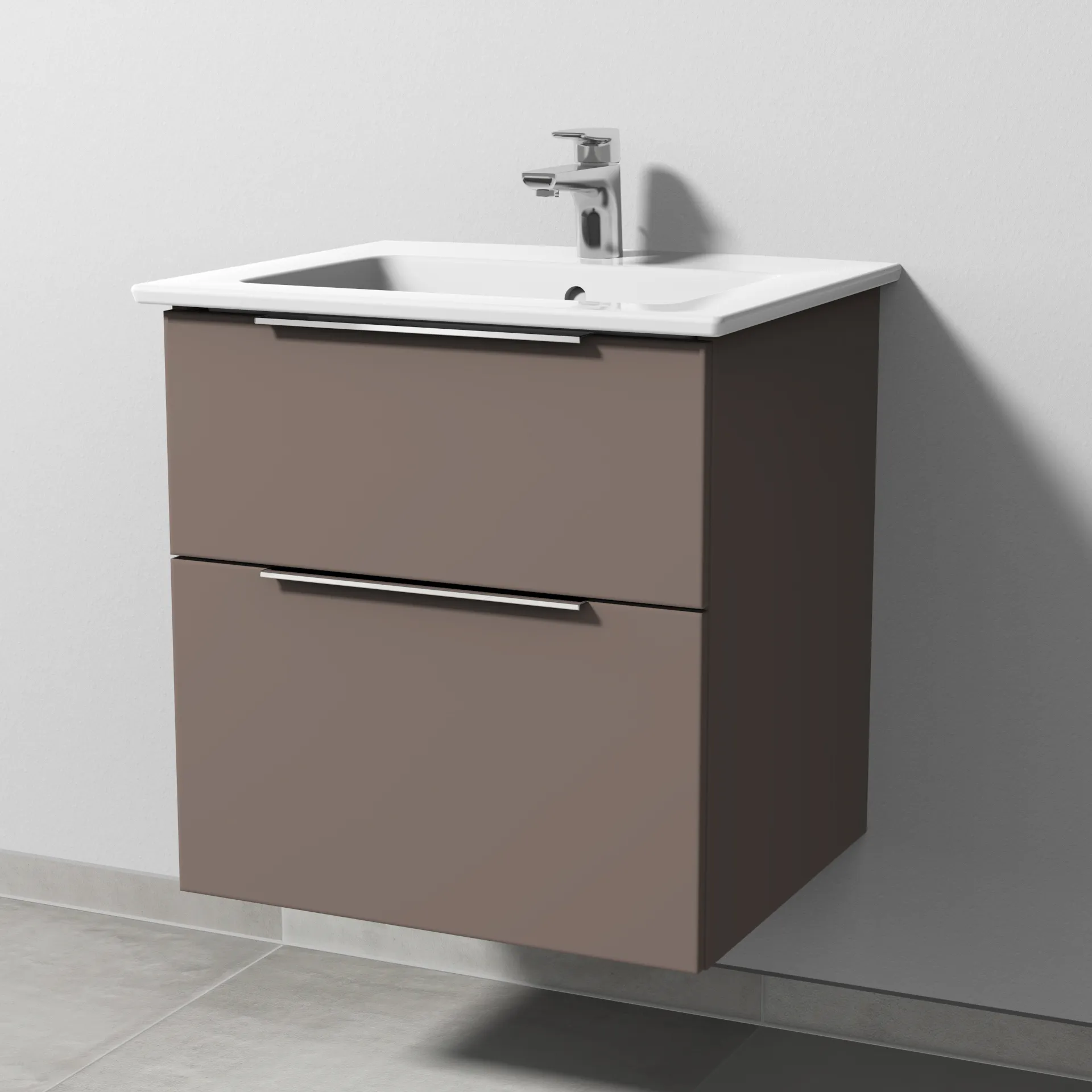 Keramik-Waschtisch-Set mit Waschtischunterschrank „3way“ 55,5 × 47,7 × 59,1 cm in Taupe (matt), mit Hahnlochbohrung, Becken mittig