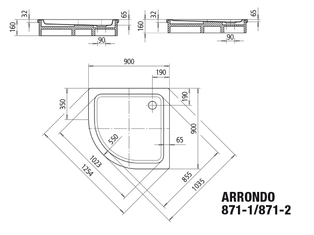 Kaldewei viertelkreis Duschwanne „Arrondo“ 90 × 90 cm in pergamon