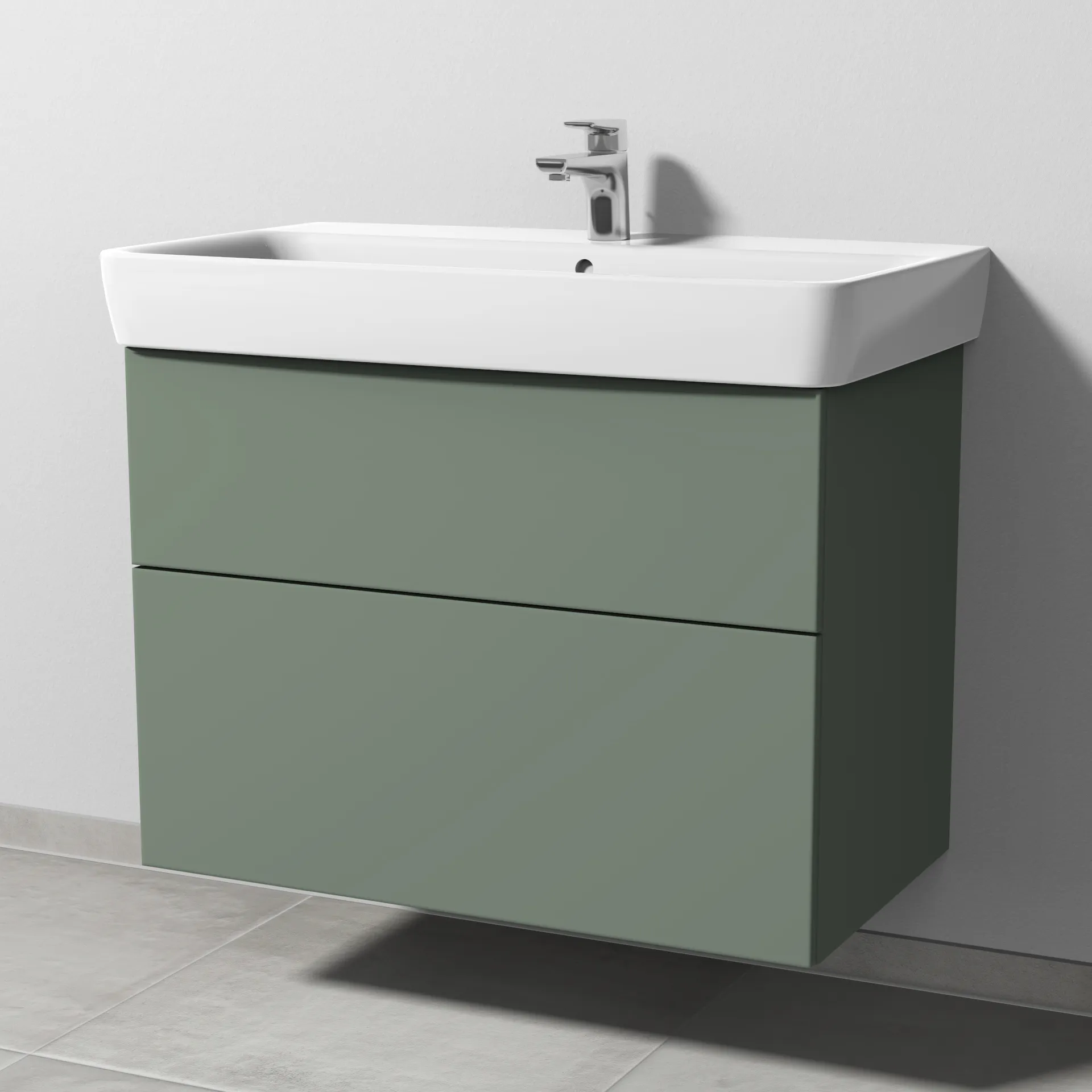 Sanipa Waschtischunterschrank „3way“ passend zu Keramik-Waschtische Renova Plan von Geberit 790 × 588 × 407 mm in Soft-Green, Becken mittig