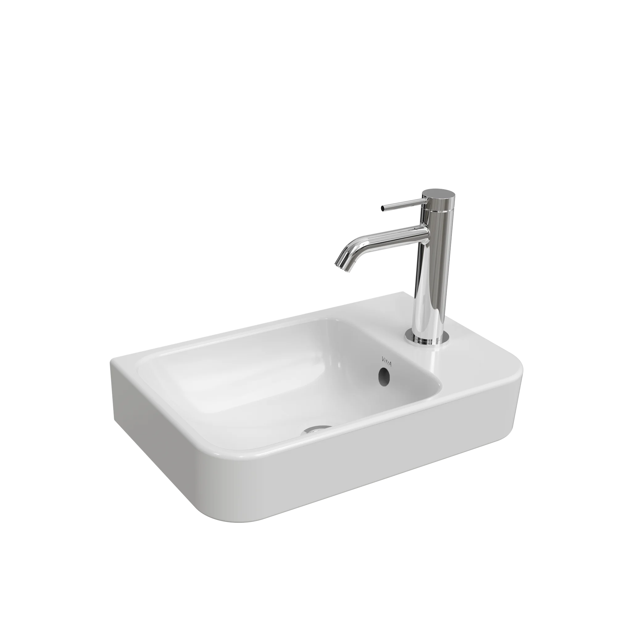 VitrA New Integra Round Handwaschbecken, 45,5 x 28,5 x 15 cm, asymmetrisch links, Hahnloch rechts, Weiß Hochglanz