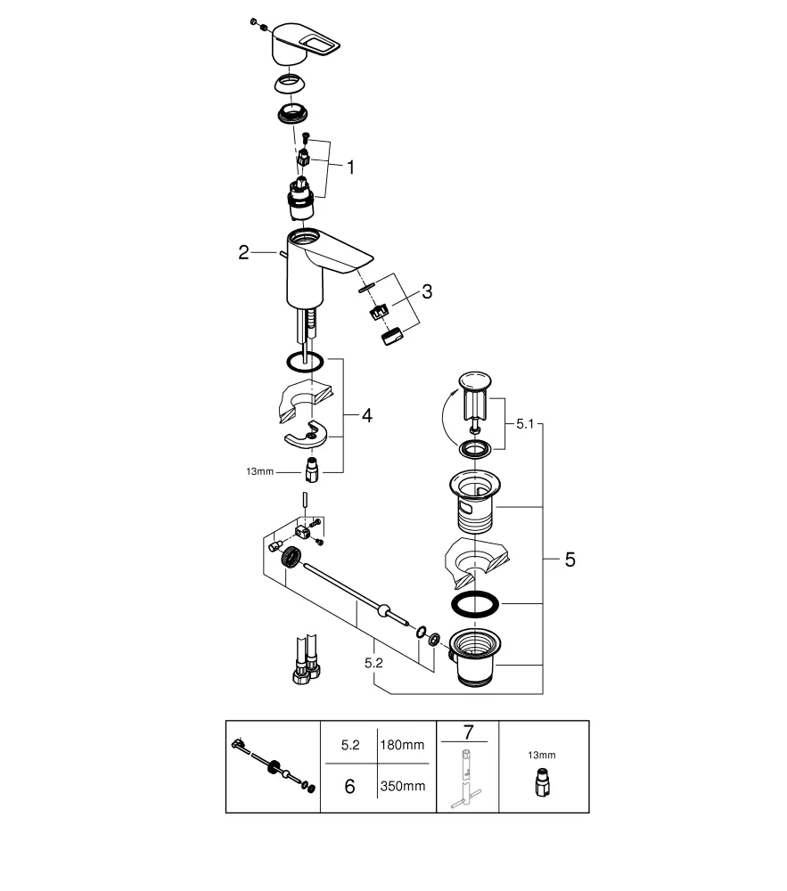 Einhand-Waschtischbatterie BauLoop 22054_1, S-Size, Einlochmontage, Energie-Sparfunktion Mittelstellung kalt, Temperaturbegrenzer, EcoJoy Mousseur 5,7 l/min, Zugstangen-Ablaufgarnitur aus Kunststoff 1 1/4″, chrom