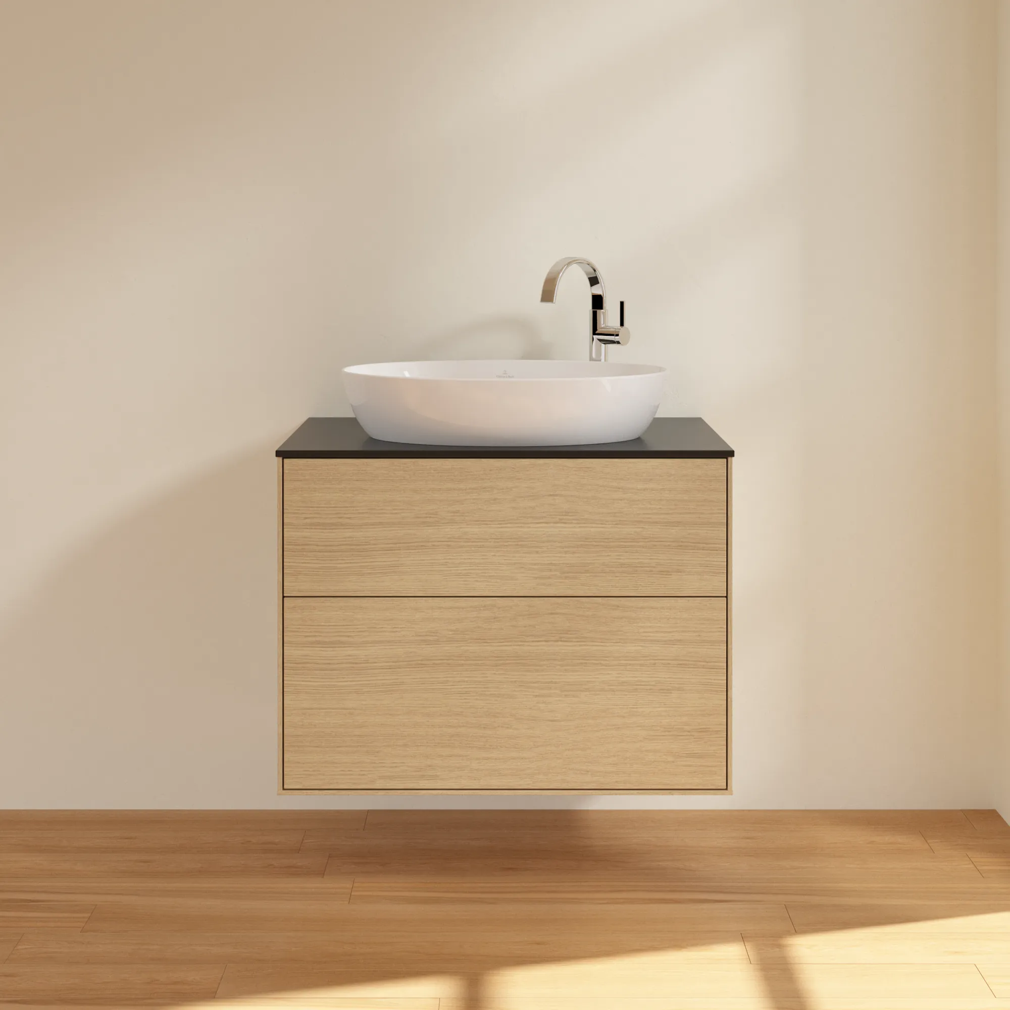 Villeroy & Boch Waschbeckenunterschrank Finion F87, Eckig Oak Veneer mit Glass Black Matt Abdeckplatte, 800x603x501mm, 48kg, Wandmontage, 2 Auszüge mit SoftClosing und Push-to-open Funktion Villeroy & Boch Waschbeckenunterschrank Finion F87, Eckig Oak Veneer mit Glass Black Matt Abdeckplatte, 800x603x501mm, 48kg, Wandmontage, 2 Auszüge mit SoftClosing und Push-to-open Funktion