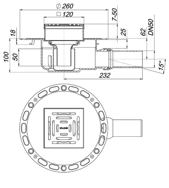 Bodenablauf CIRCO V.1, DN 50/DN 70, 120 x 120 mm