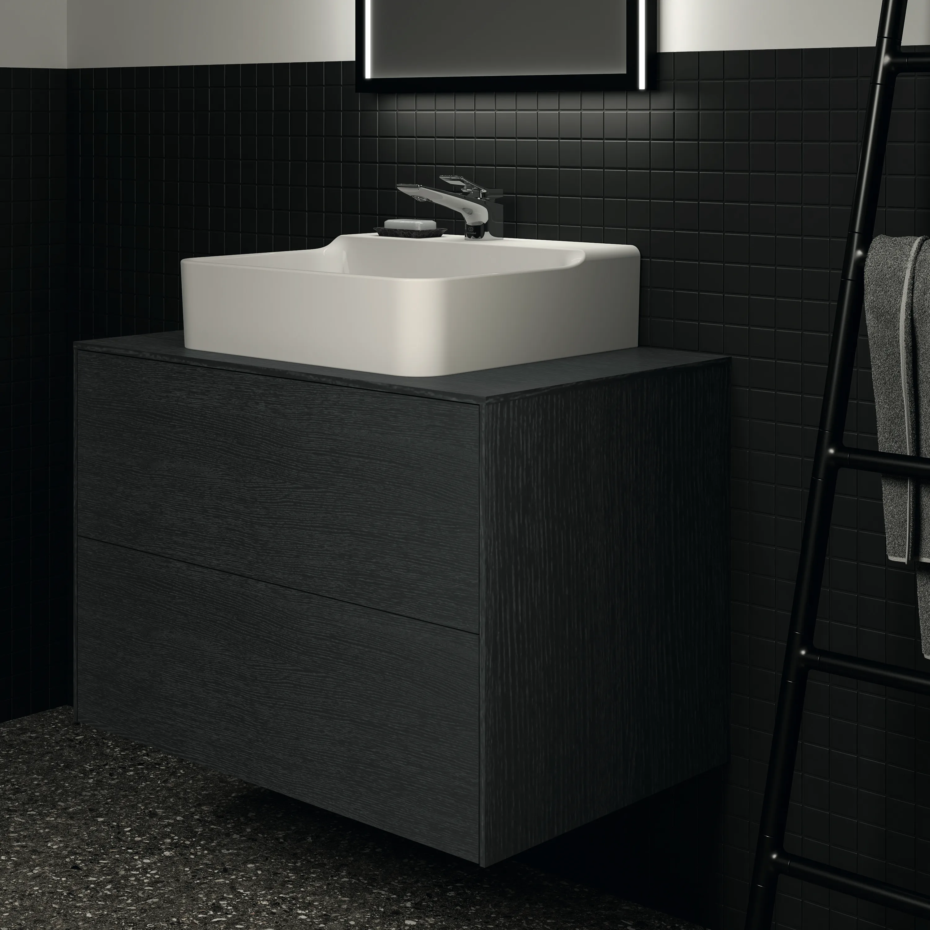 Ideal Standard Conca Waschtischunterschrank, Eiche geflammt, 802x505x550 mm, 2 Auszüge mit Push-Open und Softclose-Einzug Ideal Standard Conca Waschtischunterschrank, Eiche geflammt, 802x505x550 mm, 2 Auszüge mit Push-Open und Softclose-Einzug
