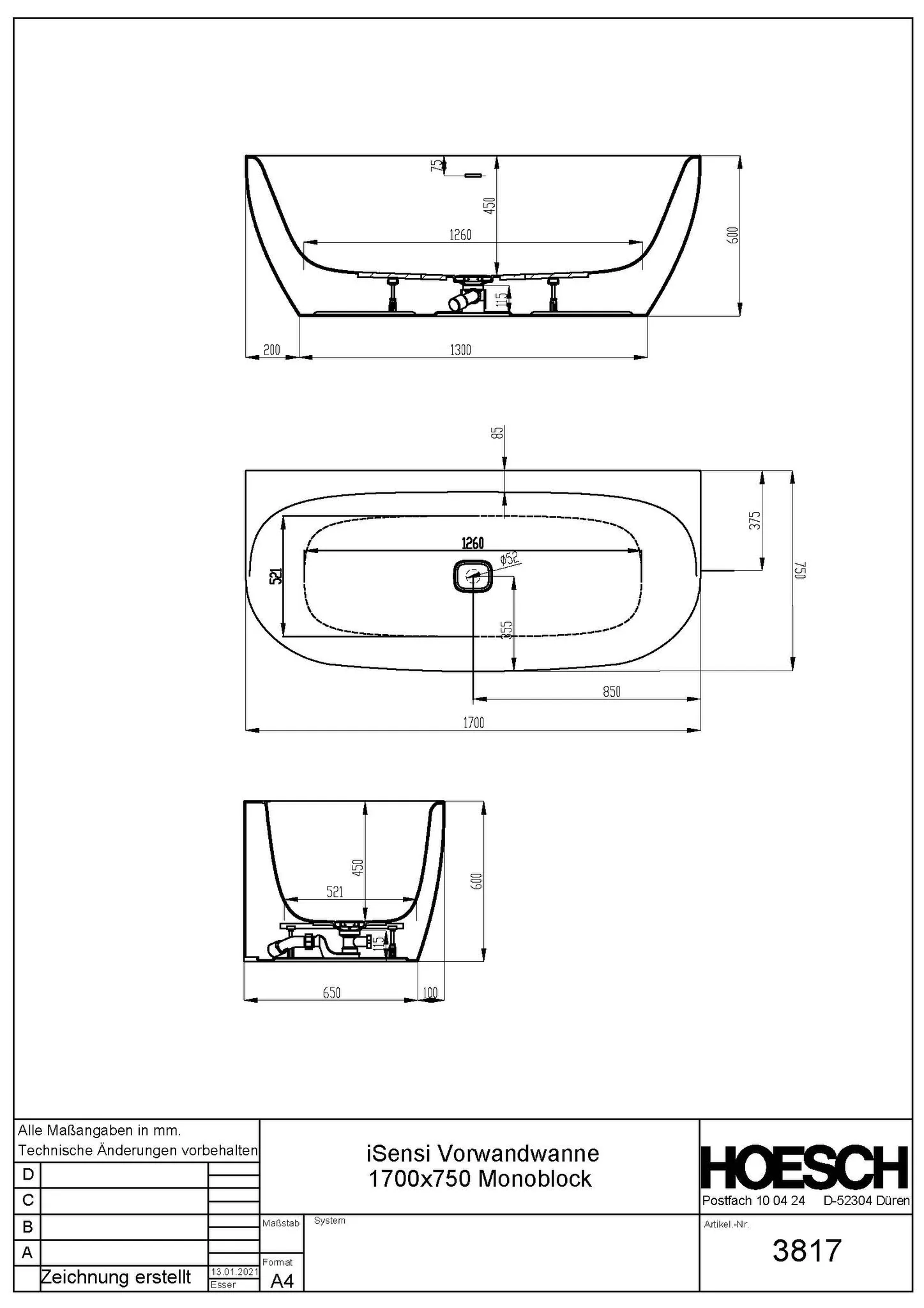 Hoesch iSensi Vorwand 1700x750 Monolith mit Überlaufschlitz, mit angeformte Schürze Hoesch iSensi Vorwand 1700x750 Monolith mit Überlaufschlitz, mit angeformte Schürze