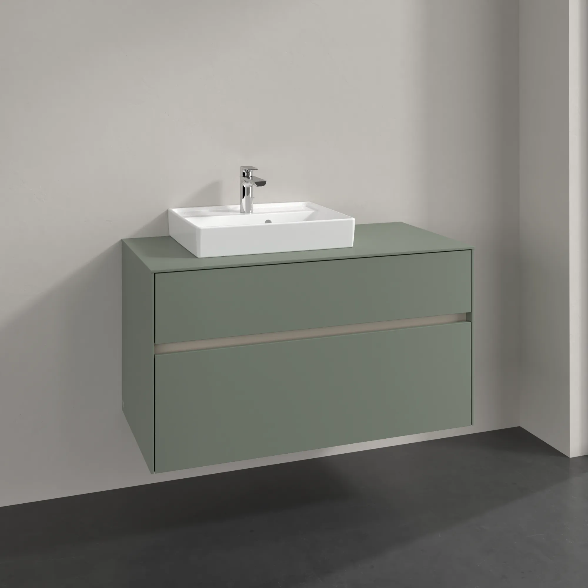 Villeroy & Boch Waschbeckenunterschrank Collaro C01400, Eckig Soft Green, 1000x548x500mm, 2 Auszüge mit Antirutsch-Boden, SoftClosing, Wandmontage