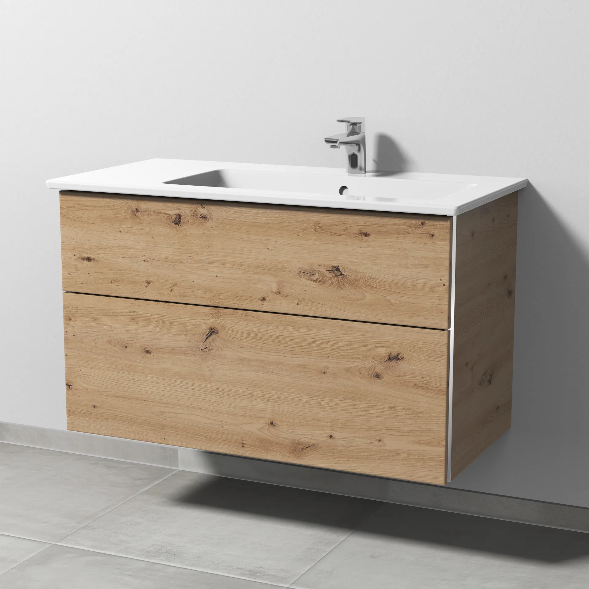 Sanipa Waschtischunterschrank „3way“ 955 × 591 × 477 mm in Eiche Natural-Touch, Becken rechts