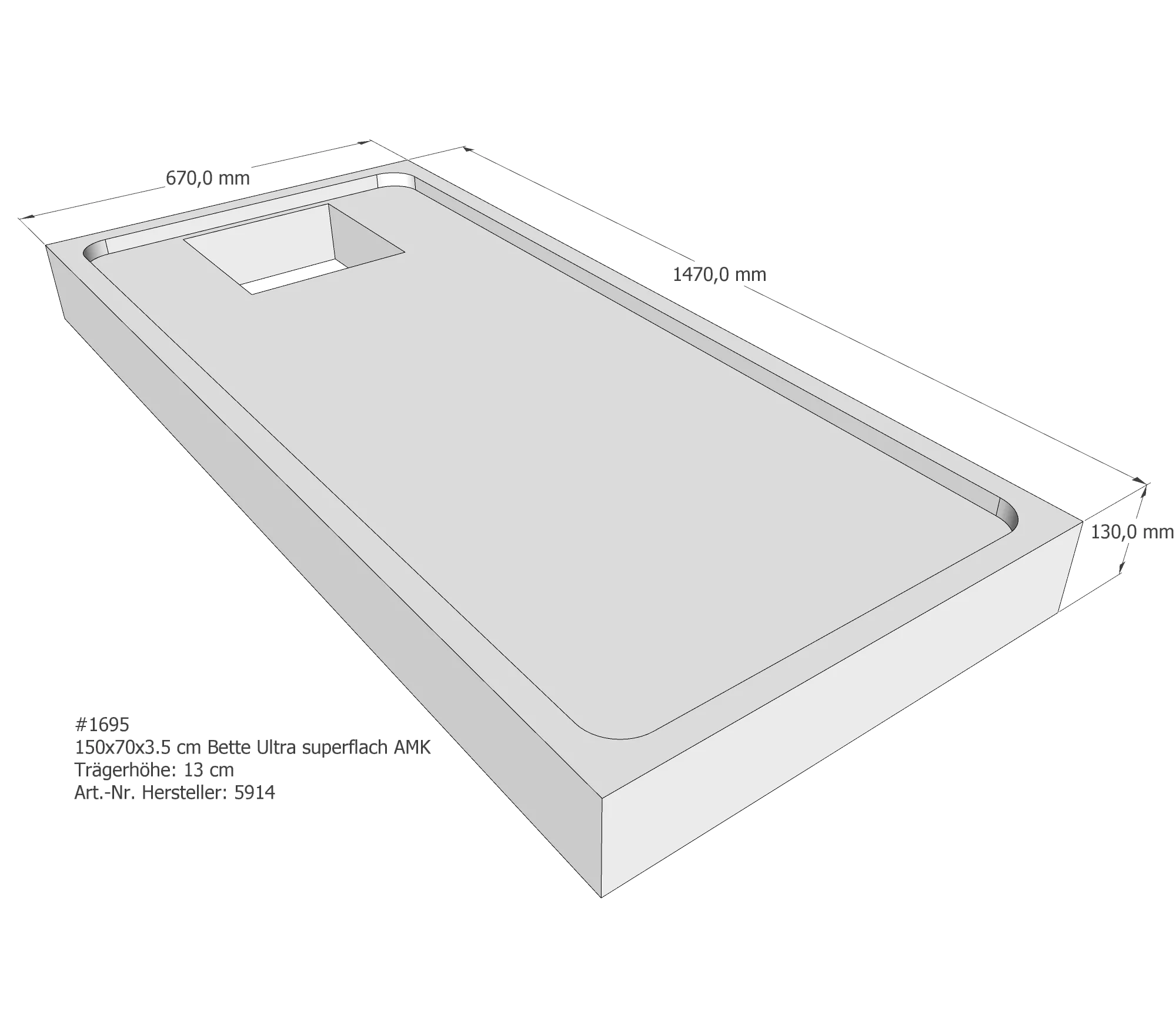 Duschwannenträger für Bette Ultra (superflach) 150 × 70 × 3,5 cm Breite: 70 cm / Länge: 150 cm