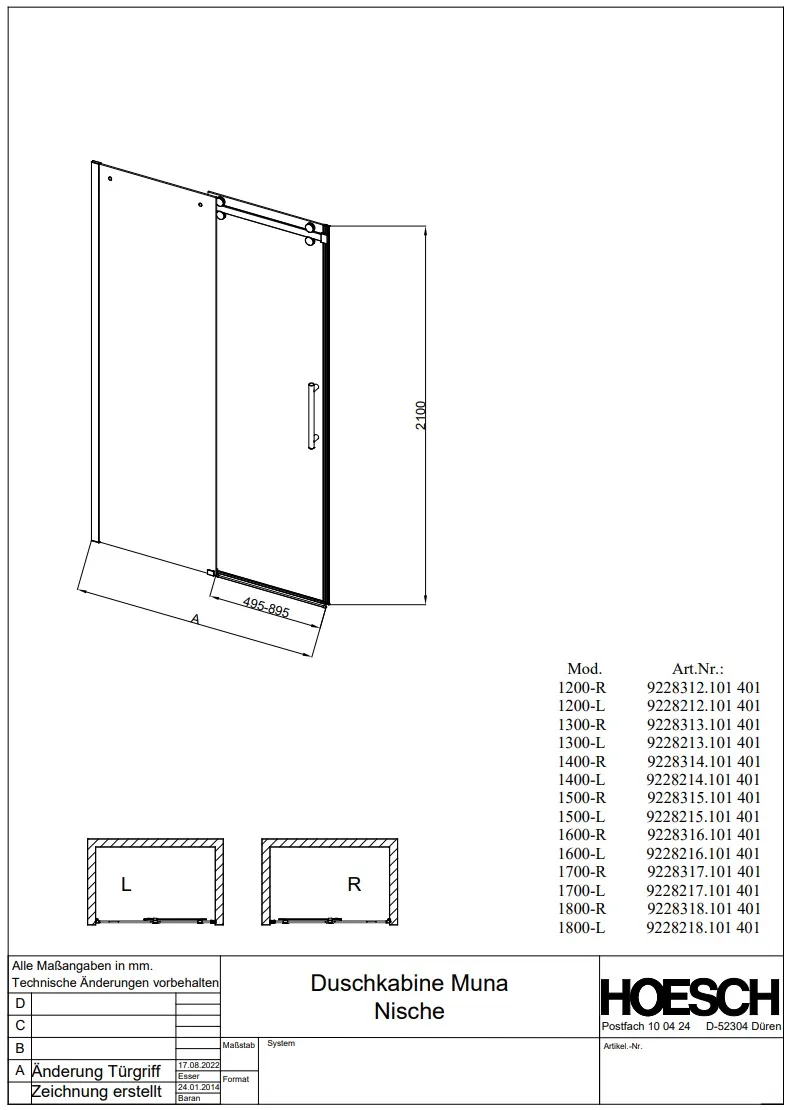 Hoesch Muna Duschkabine, Echtglas, 1600 links für Nische, Everclean, Haltestange eloxal silber Hoesch Muna Duschkabine, Echtglas, 1600 links für Nische, Everclean, Haltestange eloxal silber
