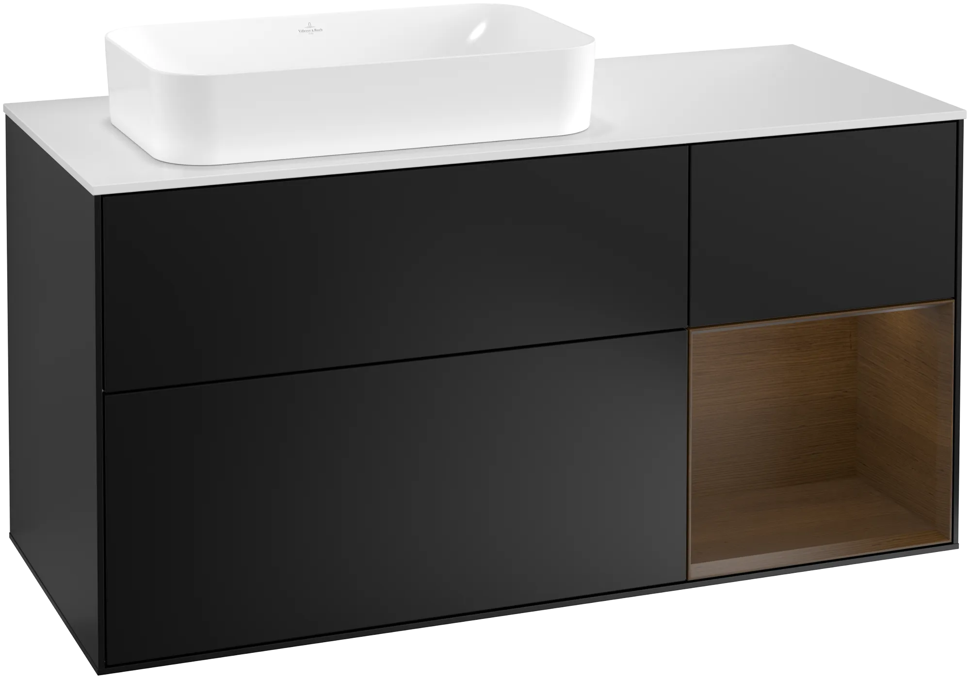 Villeroy & Boch Finion Waschbeckenunterschrank G28, 1200x603x501mm, Black Matt Lacquer / Walnut Veneer / Glass White Matt