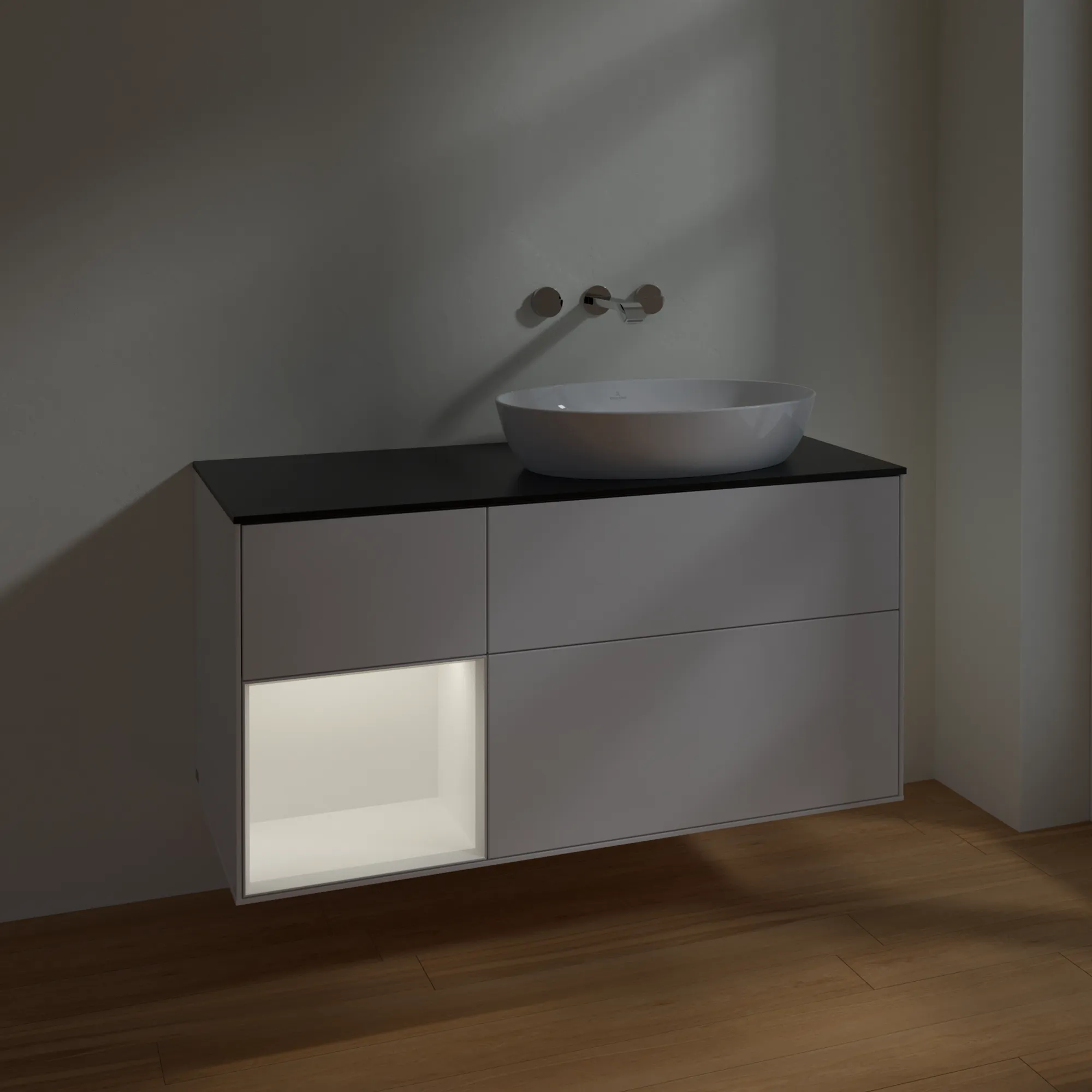 Villeroy & Boch Finion FA4 Waschbeckenunterschrank, 1200x603x501mm, Glossy White Lacquer/White Matt Lacquer/Glass Black Matt