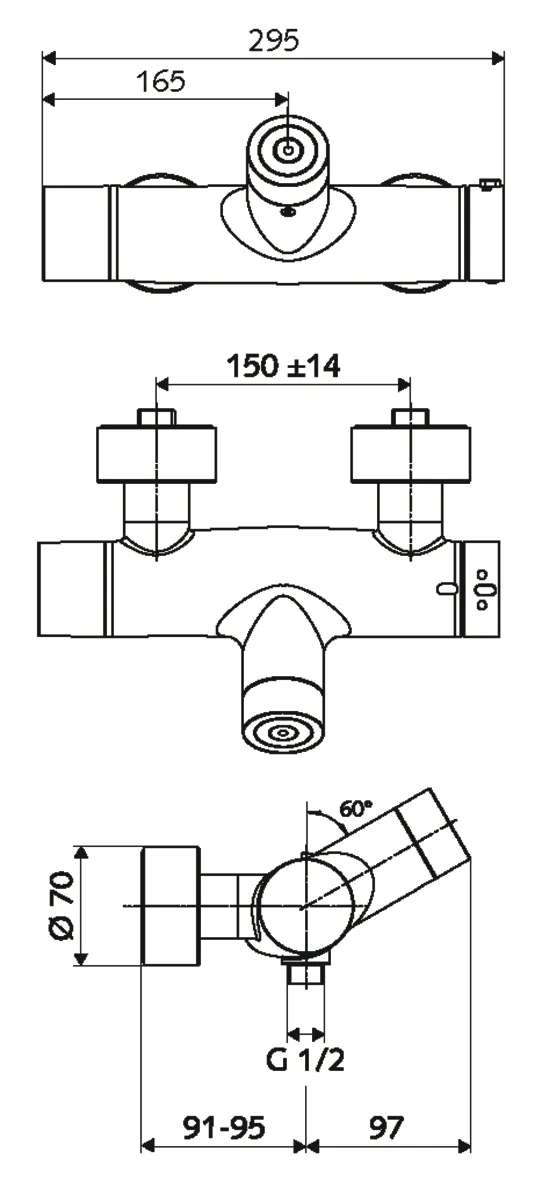 Aufputz-Duscharmatur VITUS VD-C-T / u, Mischwasser, Thermostat, Elektronisch, Selbstschluss, Batteriefach, 2x DN 15 G 1/2 AG, DN 15 G 1/2 AG (unten), chrom