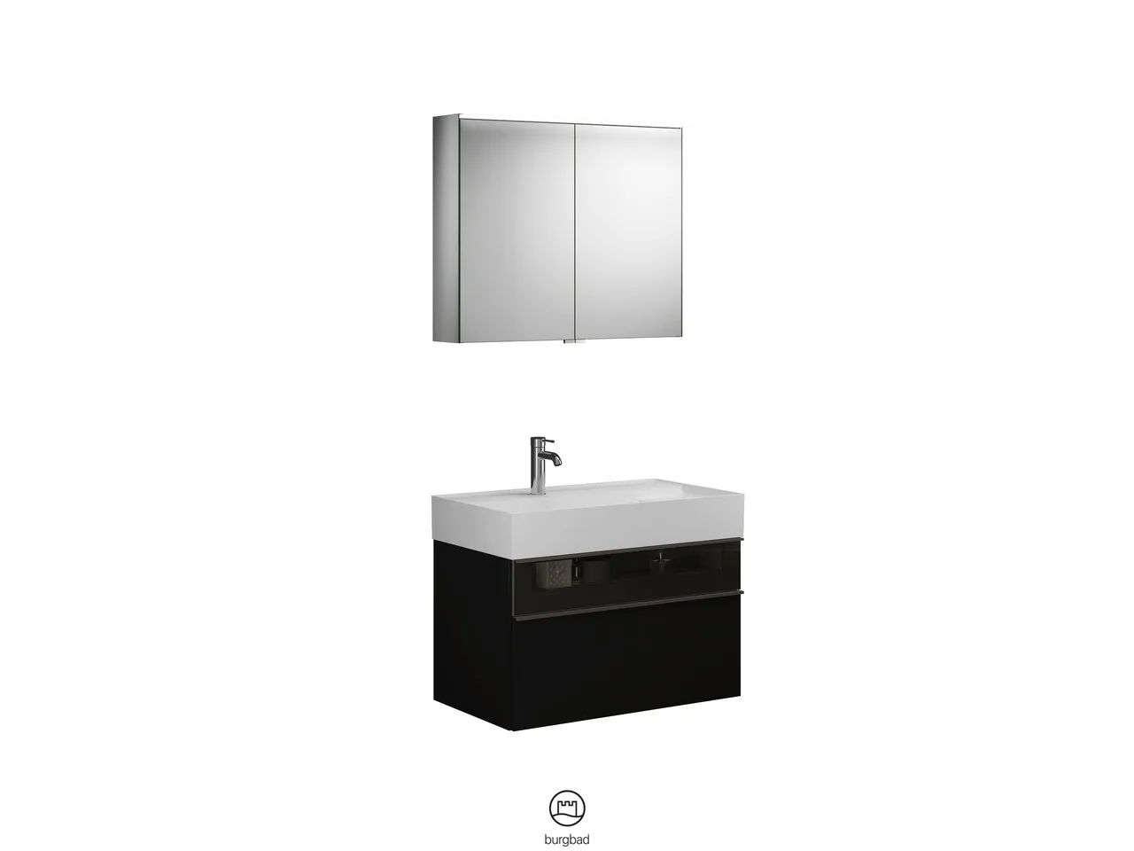 Burgbad Yumo Badmöbelset, Spiegelschrank mit Mineralguss-Waschtisch und -Unterschrank, Breite 815 mm, Tiefe 470 mm Burgbad Yumo Badmöbelset, Spiegelschrank mit Mineralguss-Waschtisch und -Unterschrank, Breite 815 mm, Tiefe 470 mm