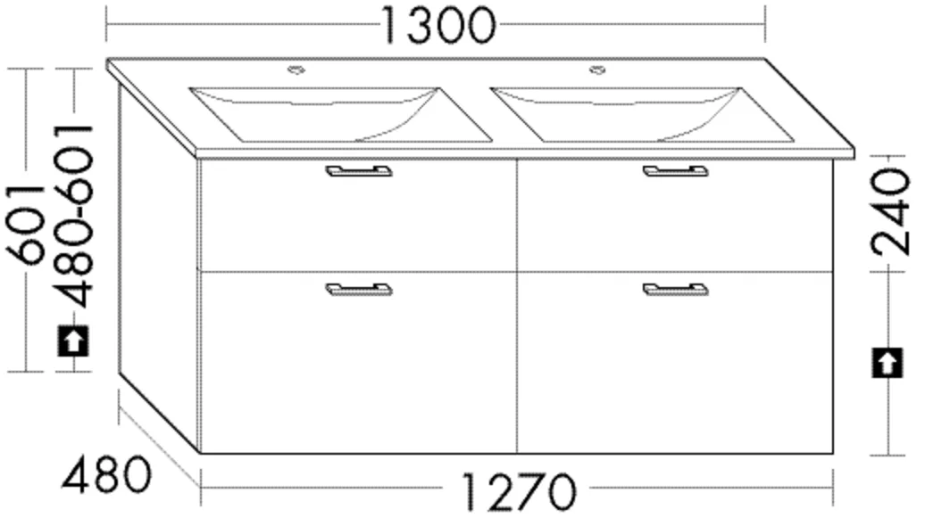 Burgbad Waschtischunterschrank Sys30, 127 cm breit, 48 cm tief, 60,1 cm hoch, 2 Schubladen oben, 2 Auszüge unten, für Villeroy & Boch Venticello 4111DL/4111DJ