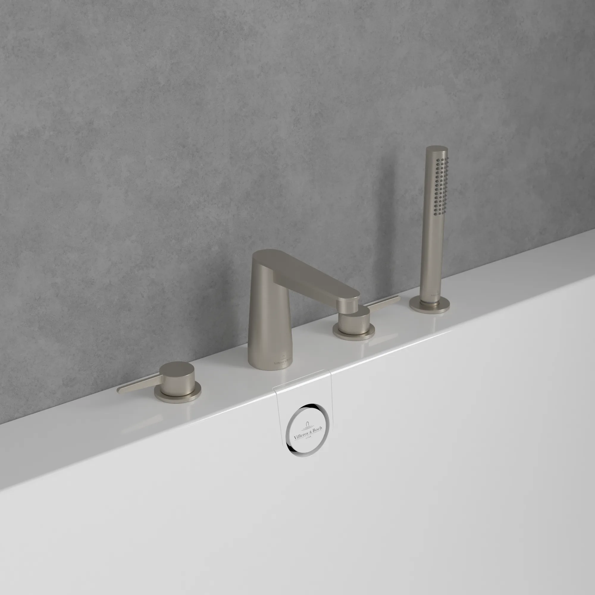 Zweihand-Wannenarmatur „Conum“ Ausladung 129 mm in Brushed Nickel Matt Zweihand-Wannenarmatur „Conum“ Ausladung 129 mm in Brushed Nickel Matt