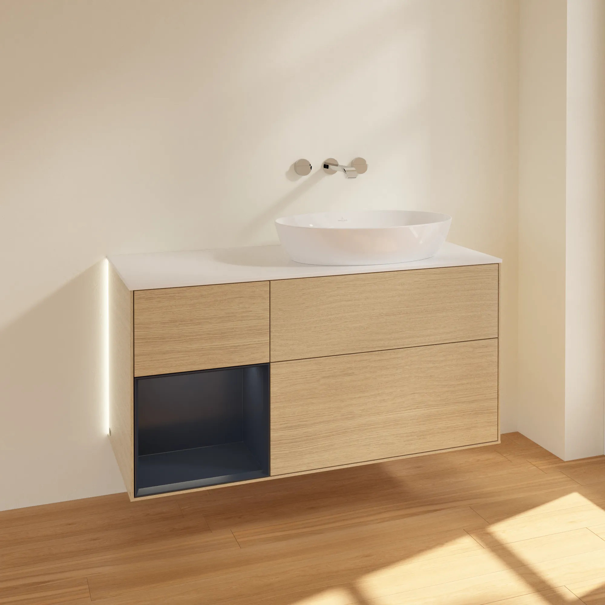 Villeroy & Boch Waschtischunterschrank „Finion“ für Schrankwaschtisch 120 × 60,3 × 50,1 cm 3 Schubladen, für Waschtischposition rechts, inkl. Beleuchtung rechts