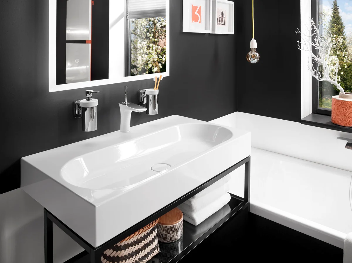 Aufsatzwaschtisch „Centro“ 90 × 50 cm, mit Hahnlochbohrung in warm grey 10, mit Perl-Effekt
