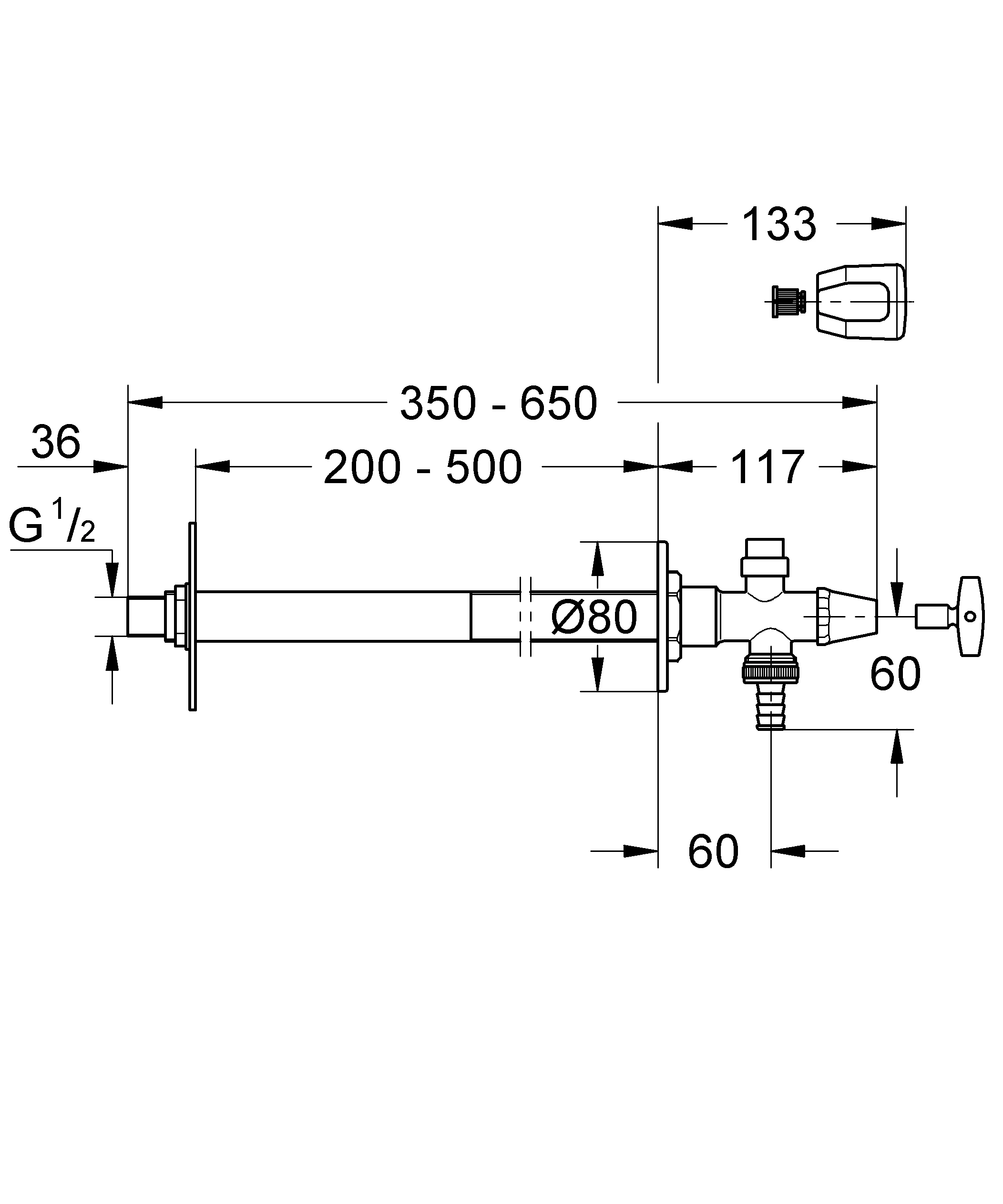 Außenwandventil-Bausatz Eurotec 41208, DN 15, Einbautiefe 170 - 500 mm, frostsicher, Steckschlüssel- und Sanitärgriff, Rückflussverhinderer Typ EB, eigensicher, chrom