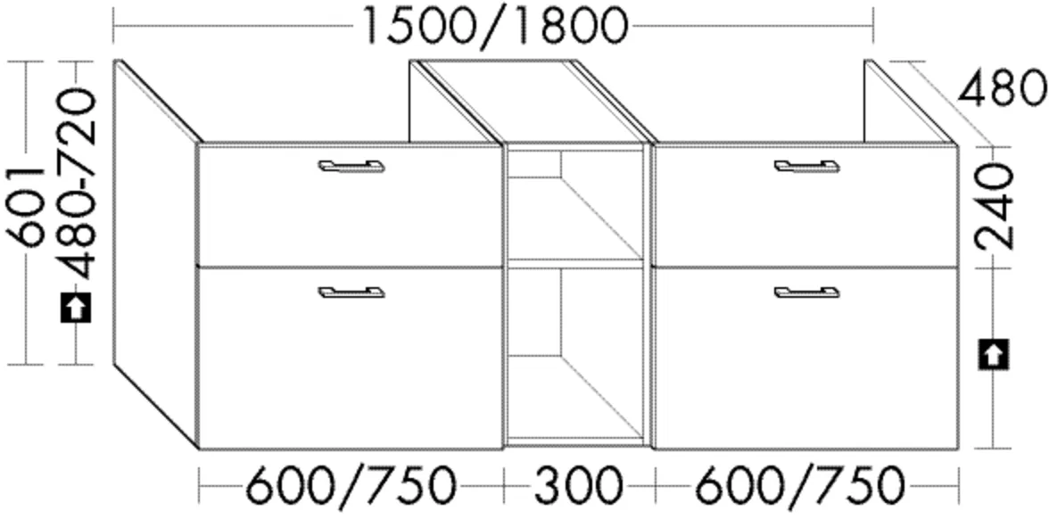Waschtischunterschrank Sys30 von burgbad – 1500 mm breit, 601 mm hoch, 480 mm tief, für Mineralguss-Waschtisch M7 mit 2 Schubladen und 2 Auszügen